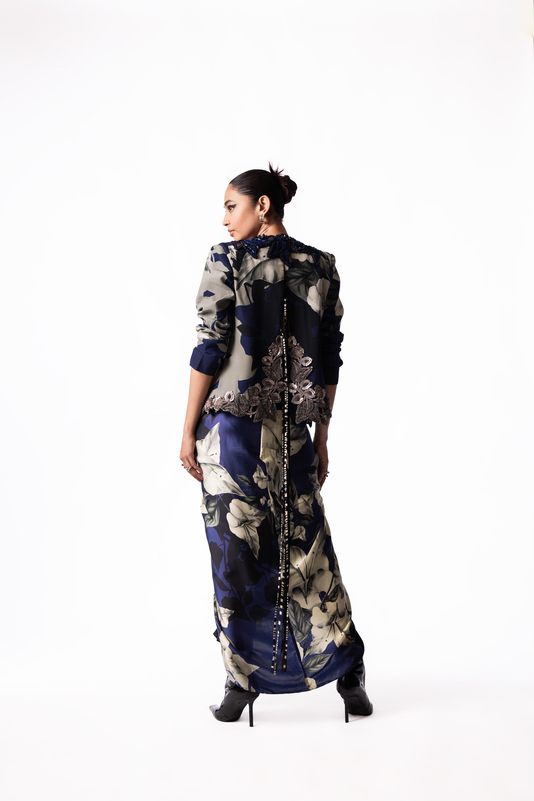 Navy Sequin Bustier Printed Skirt Slit Blazer Set