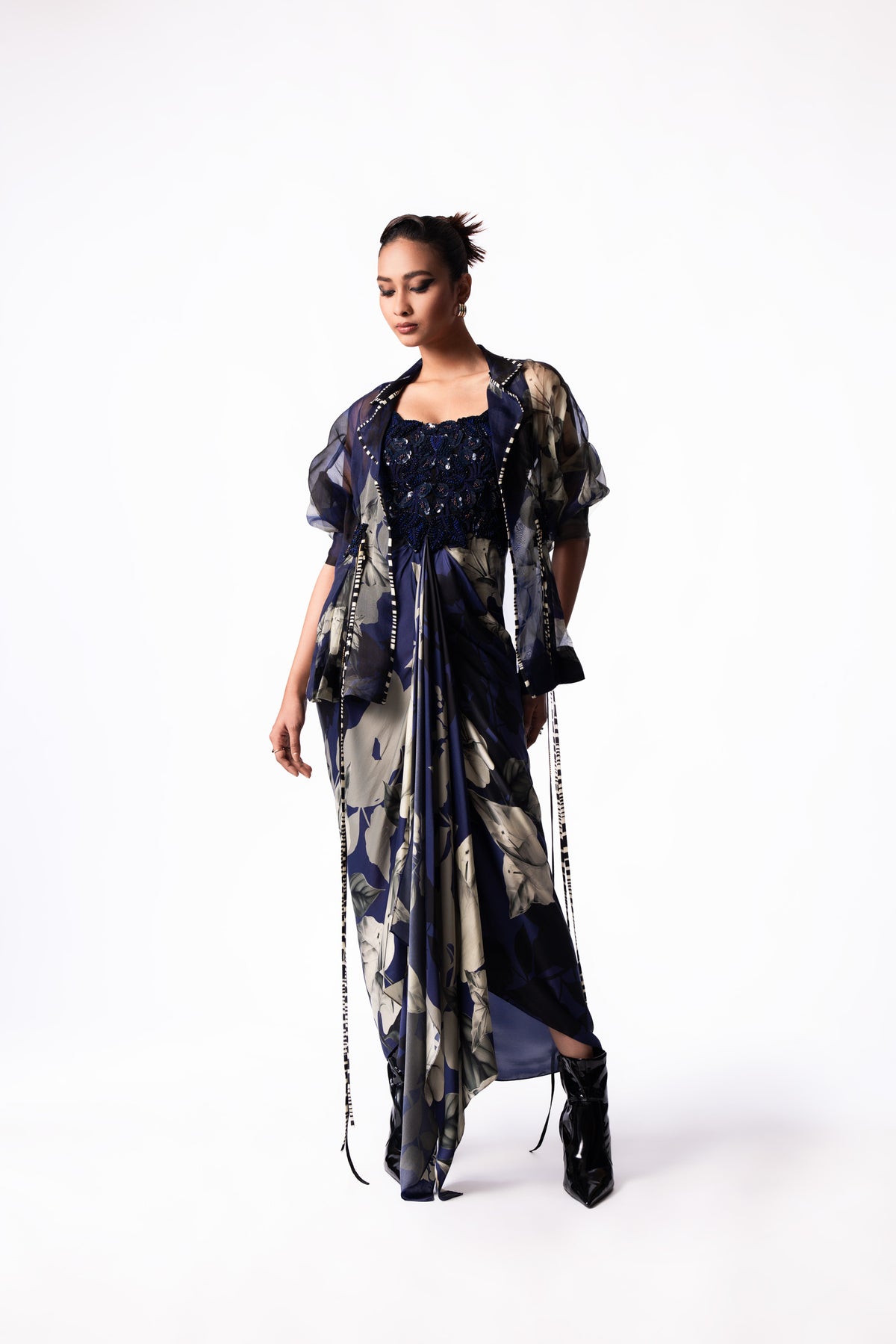 Navy Printed Draped Bustier Peplum Jacket Dress
