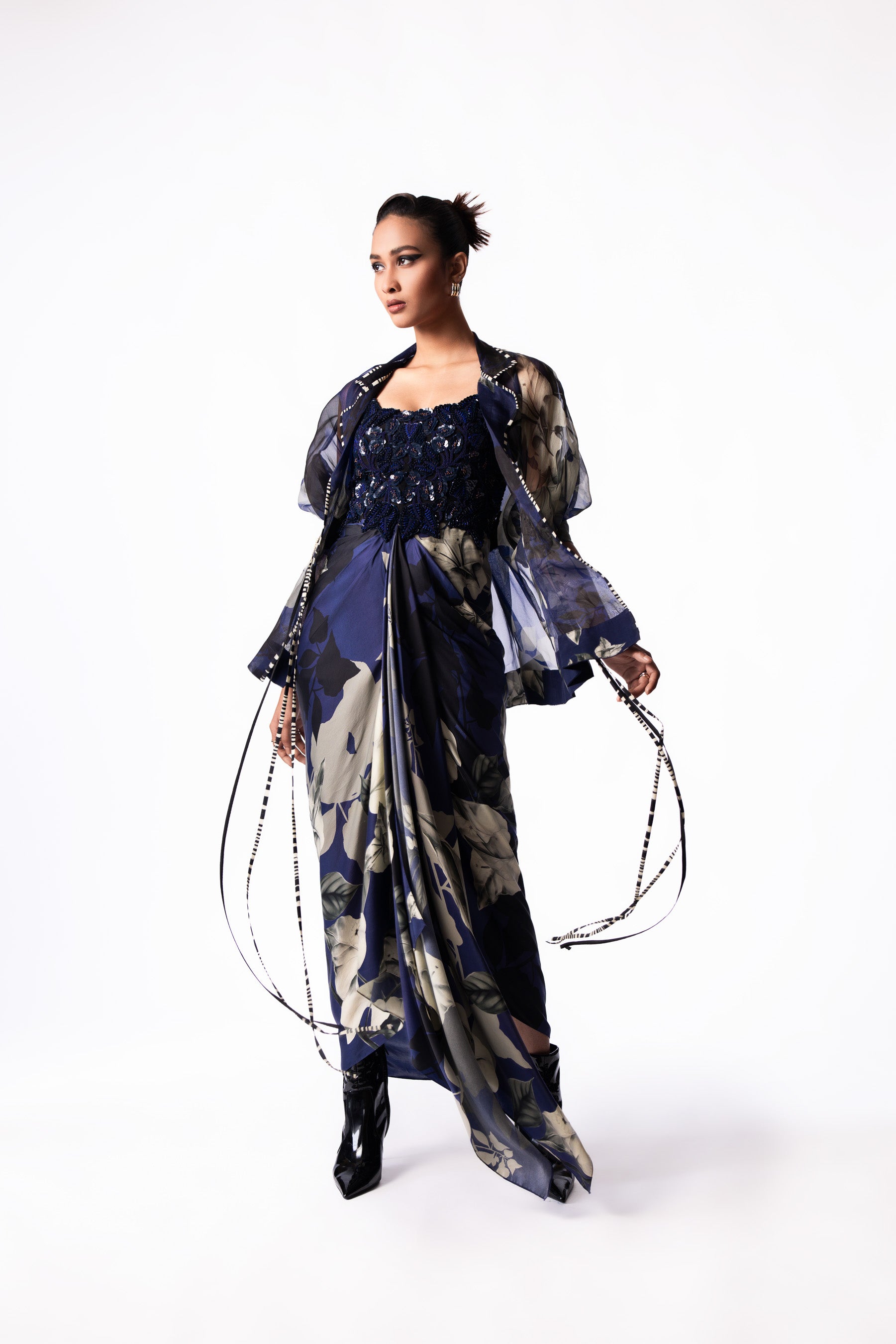 Navy Printed Draped Bustier Peplum Jacket Dress