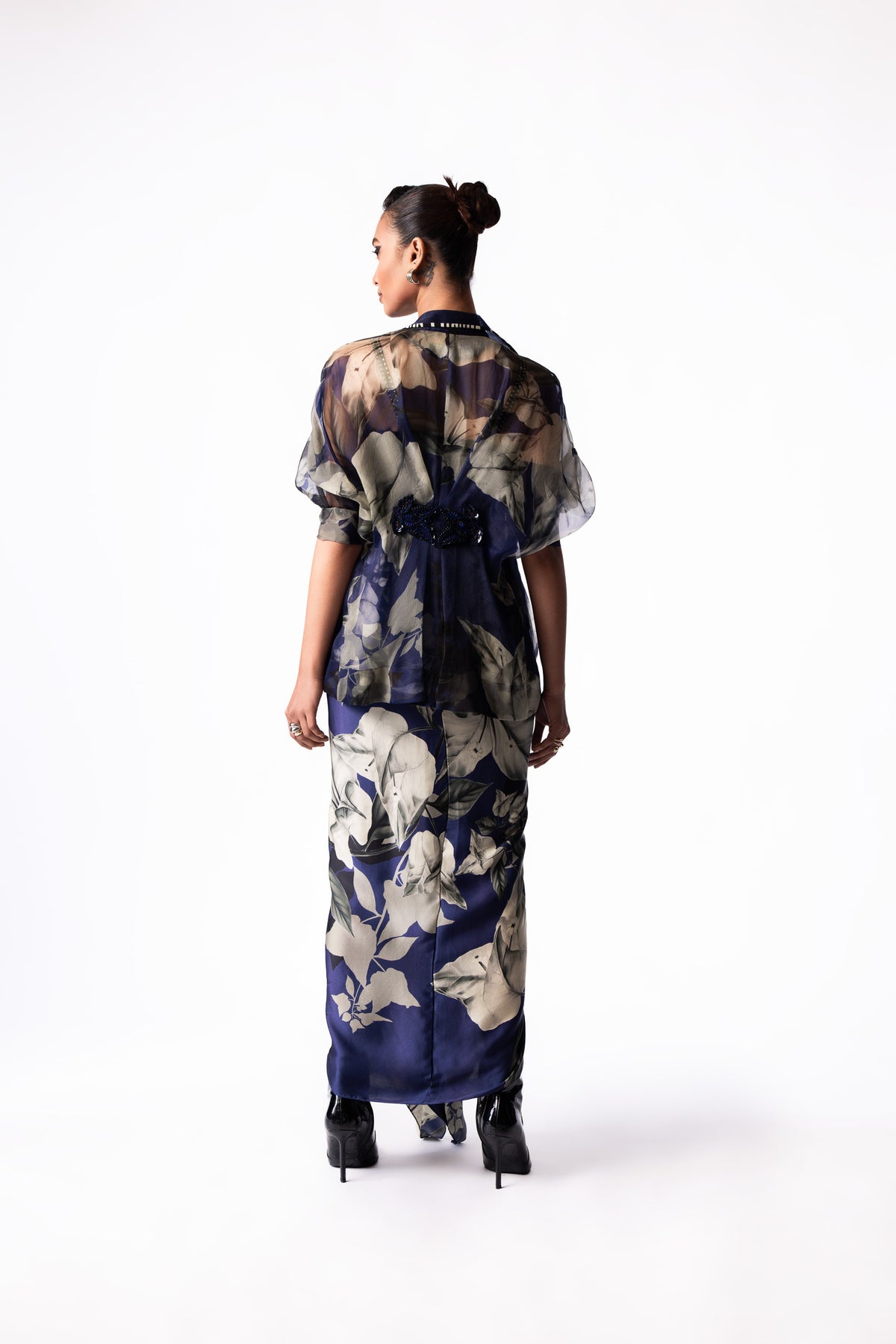 Navy Printed Draped Bustier Peplum Jacket Dress
