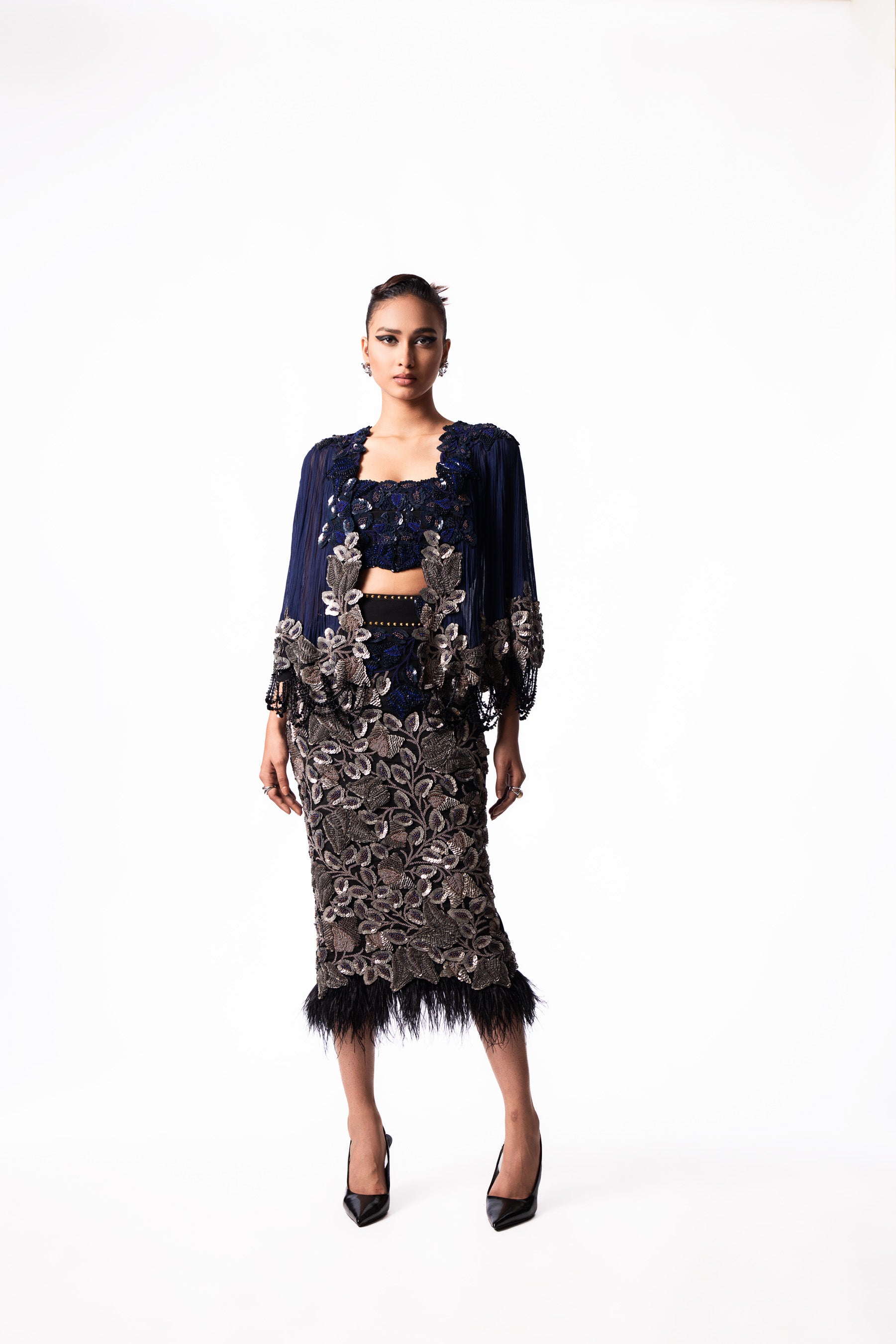 Navy Sequin Feather Bustier Short Cape Set