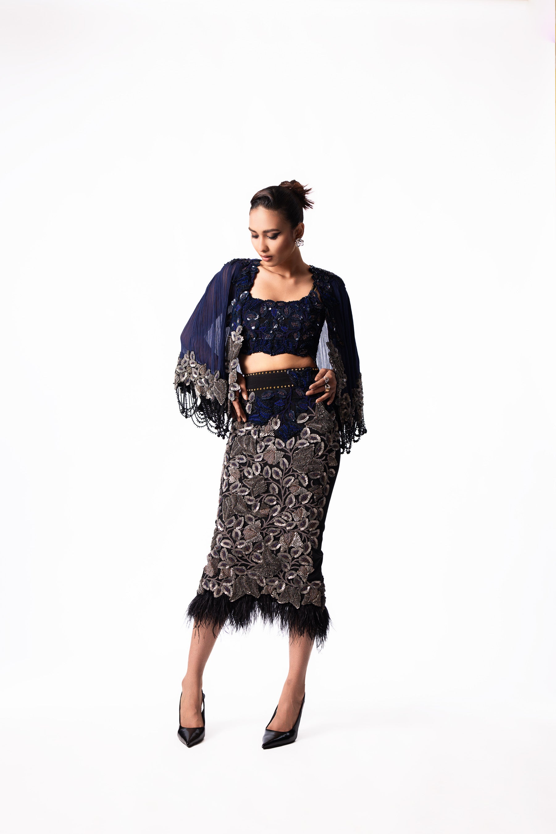 Navy Sequin Feather Bustier Short Cape Set