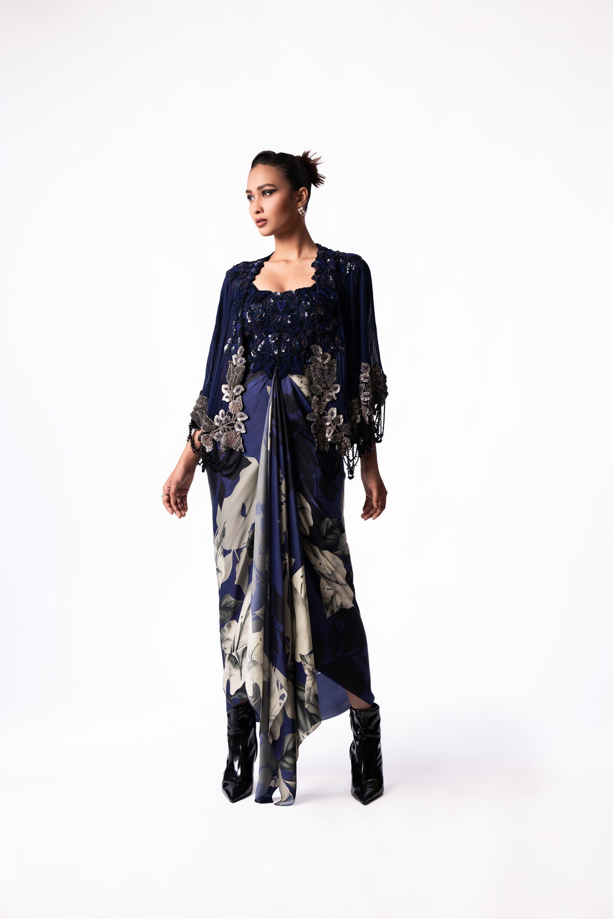 Navy Printed Draped Bustier Short Cape Dress