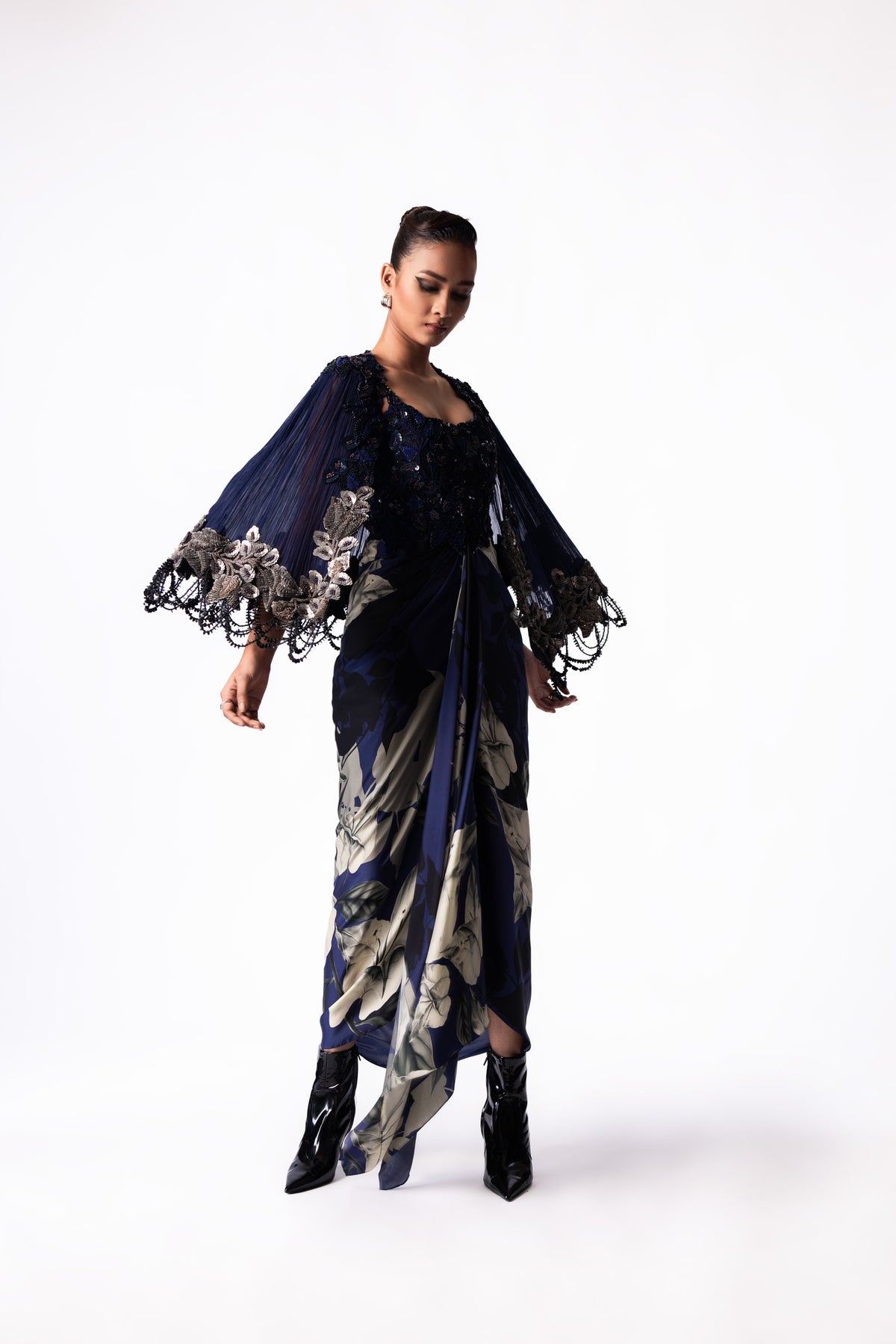 Navy Printed Draped Bustier Short Cape Dress