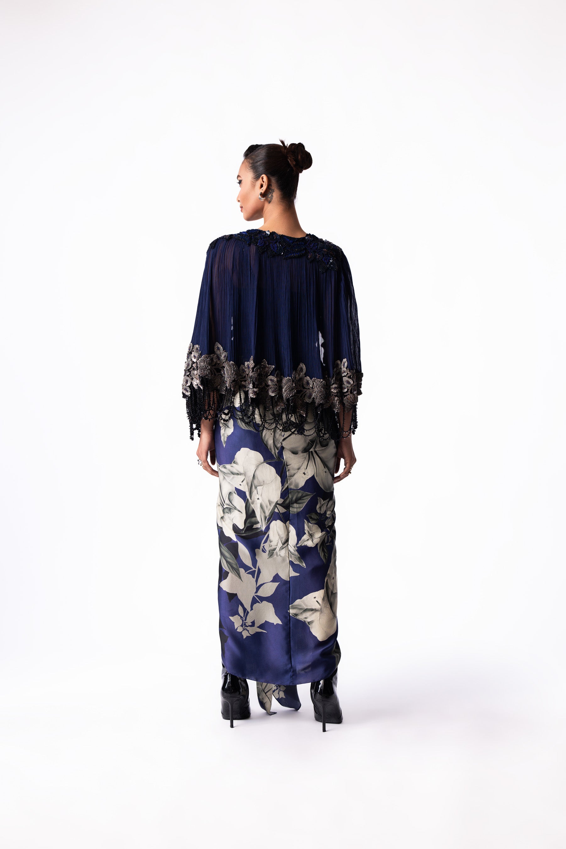 Navy Printed Draped Bustier Short Cape Dress
