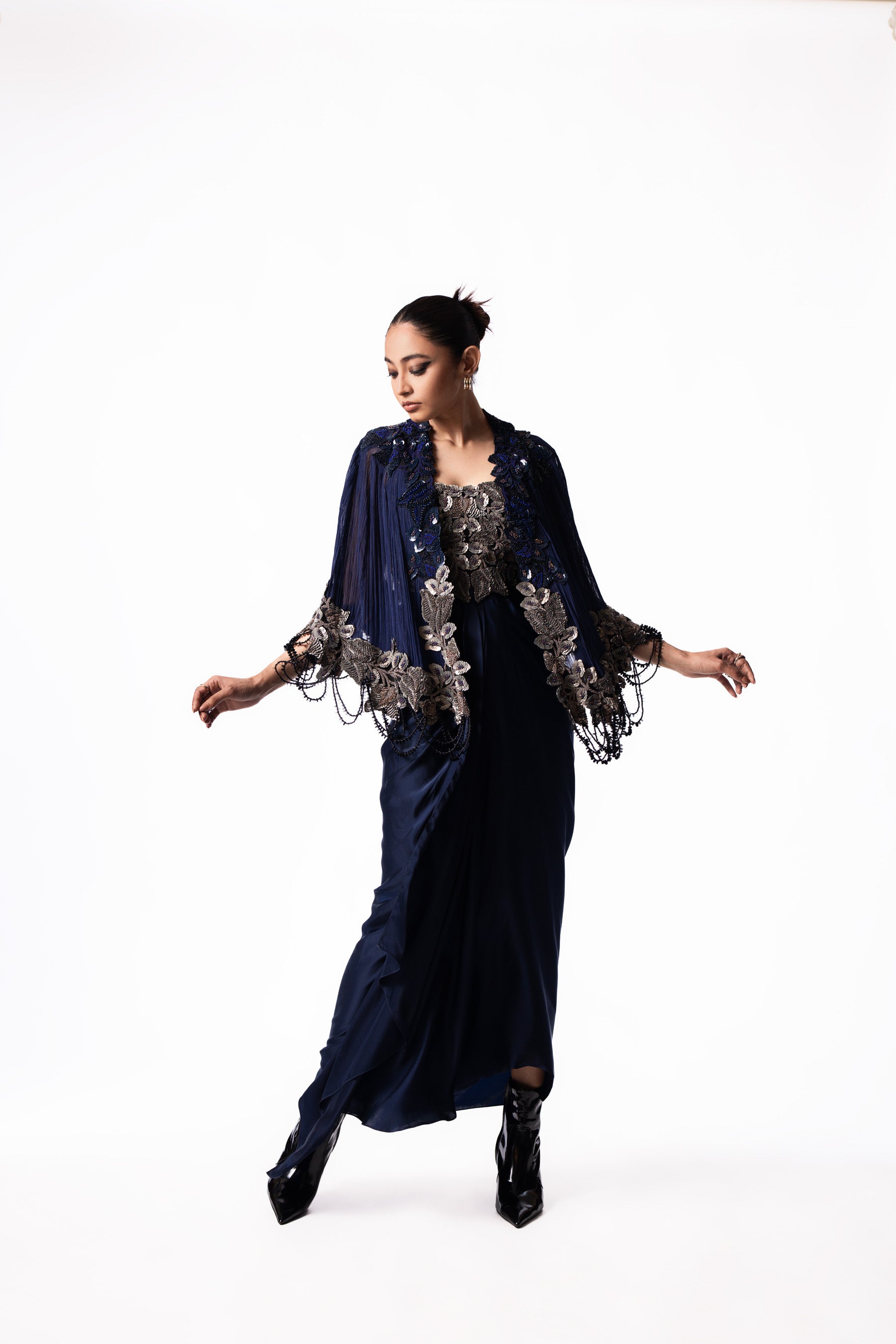 Silver Sequin Draped Bustier Short Cape Dress