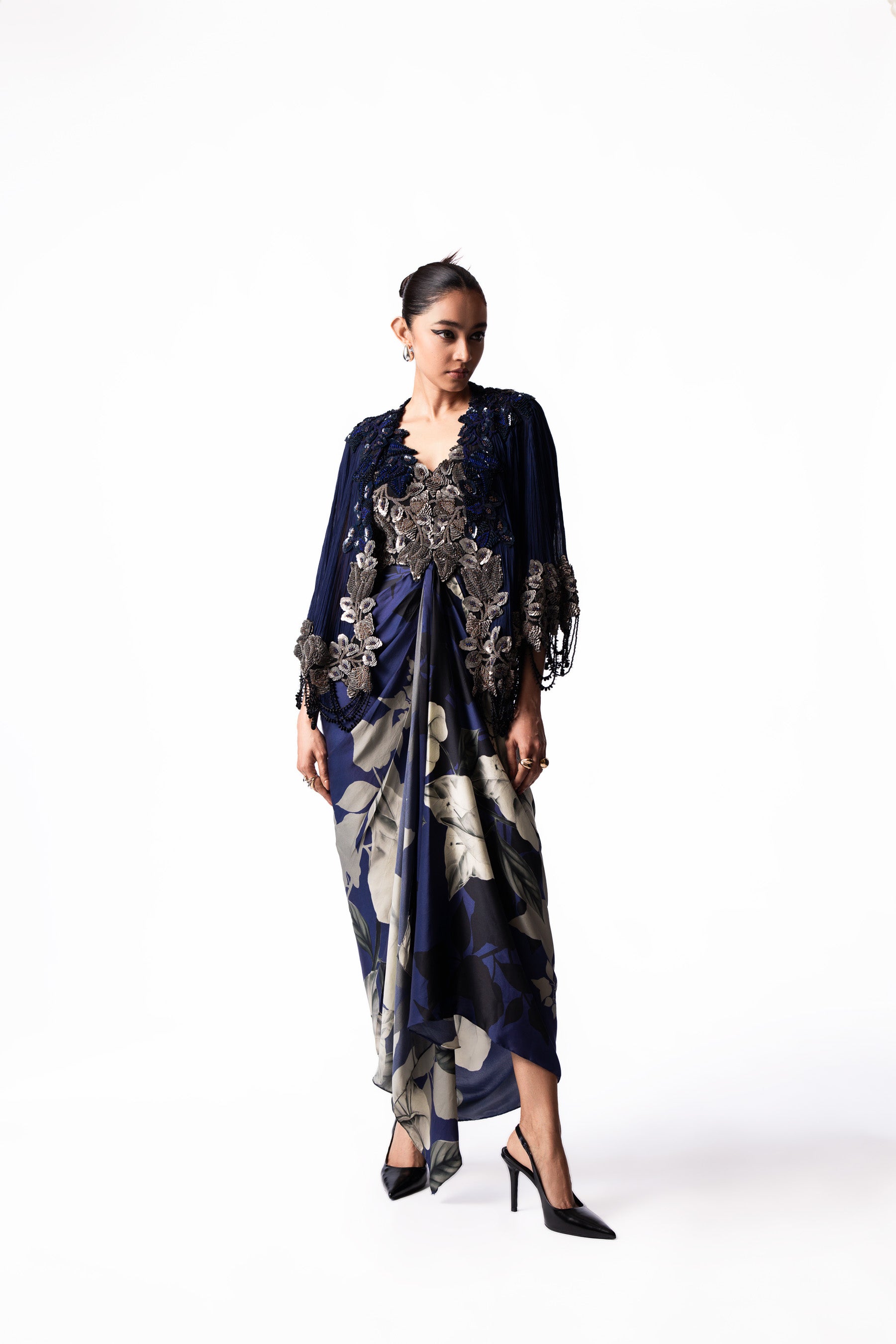 Silver Navy Printed V Neck Bustier Short Cape Dress