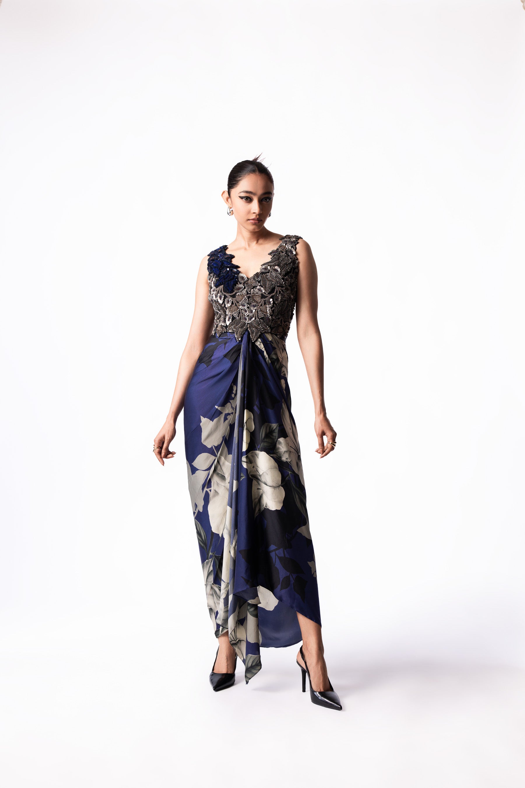 Silver Navy Printed V Neck Bustier Short Cape Dress