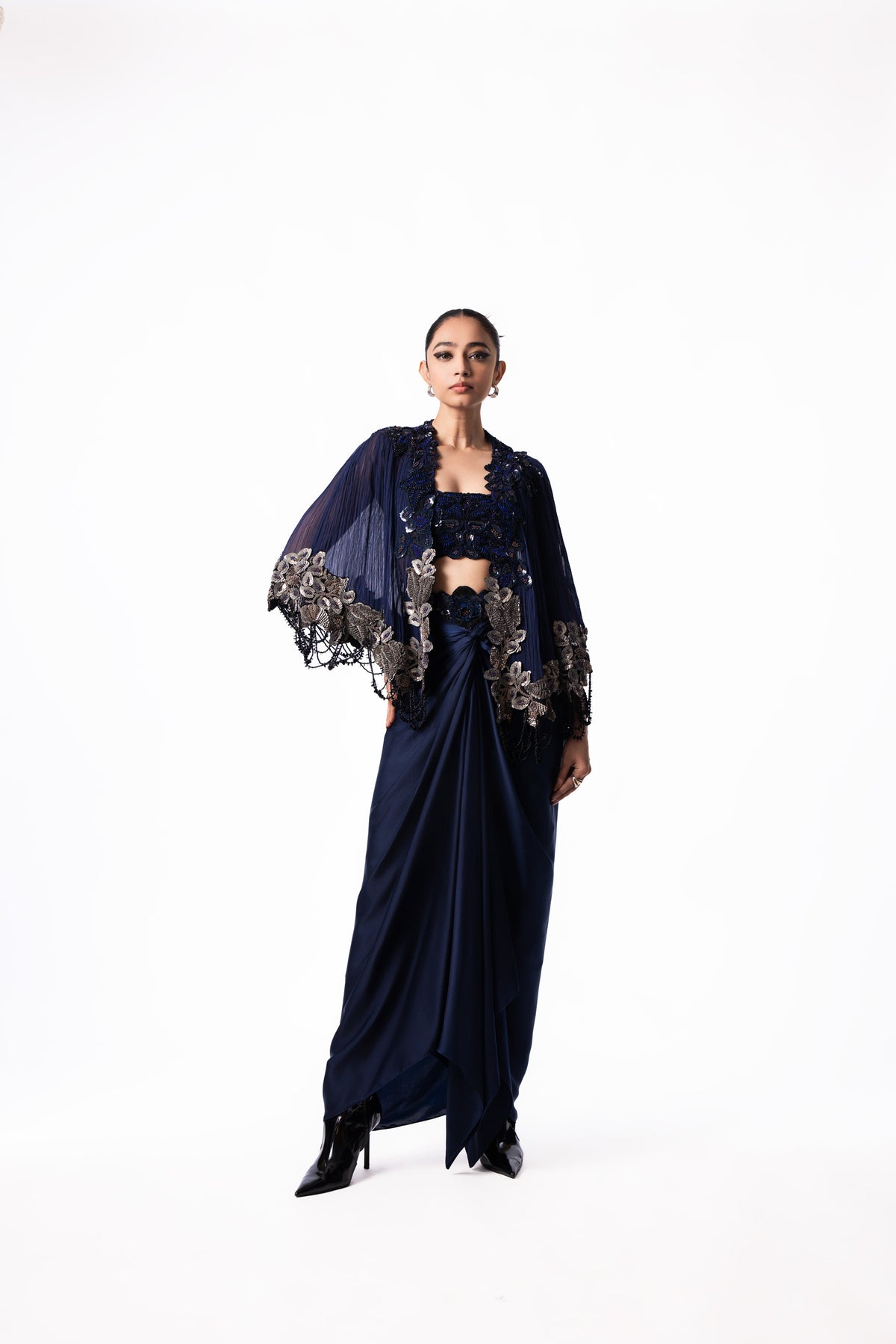 Navy Sequin Bustier Knot Skirt Short Cape Set