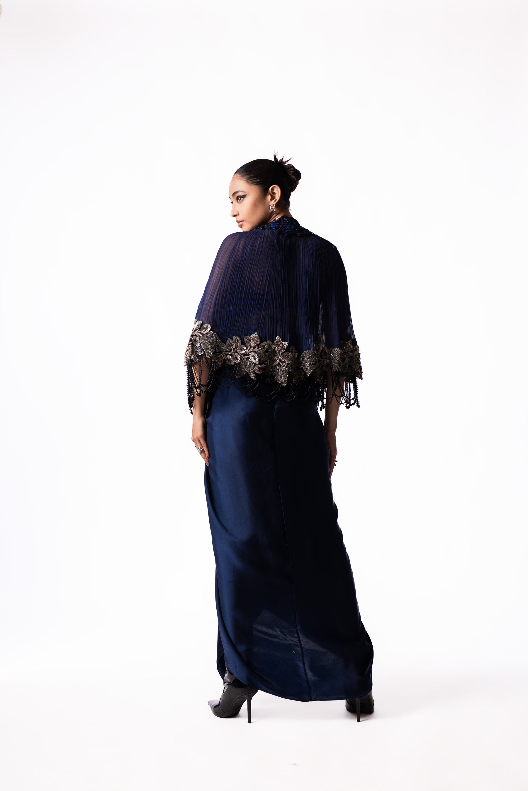 Navy Sequin Bustier Knot Skirt Short Cape Set