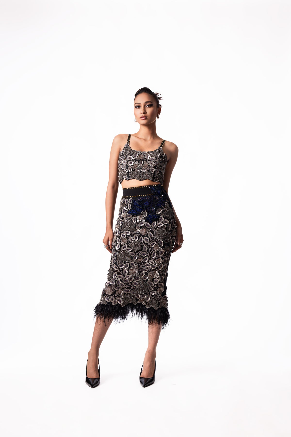 Silver Sequin Bustier Feather Skirt Set