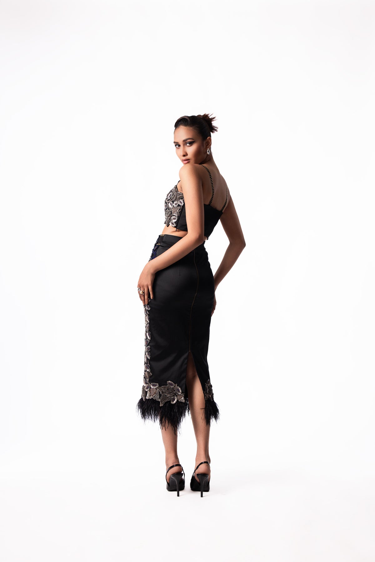 Silver Sequin Bustier Feather Skirt Set