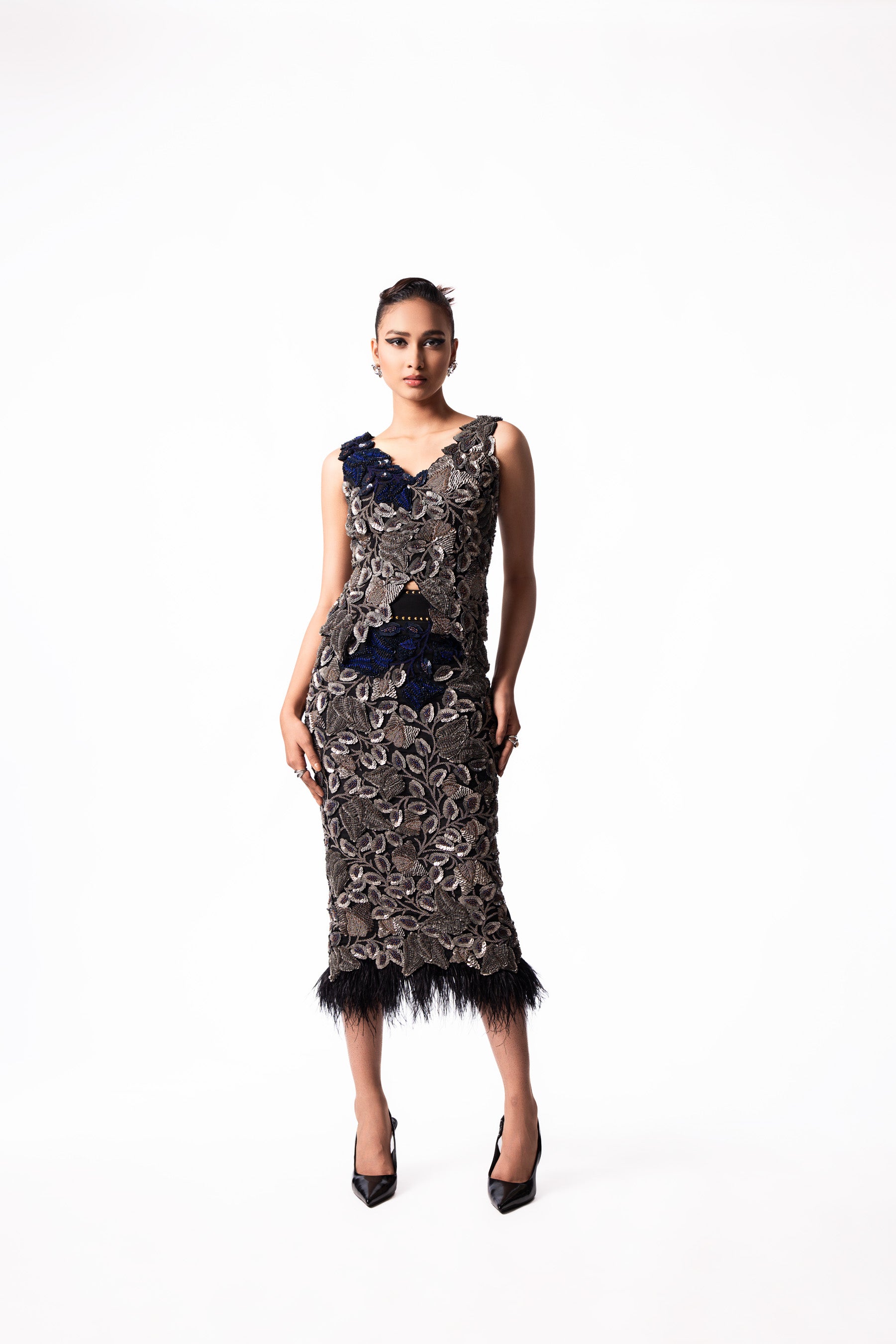 Silver Navy Sequin Bougain Top Feather Skirt Set