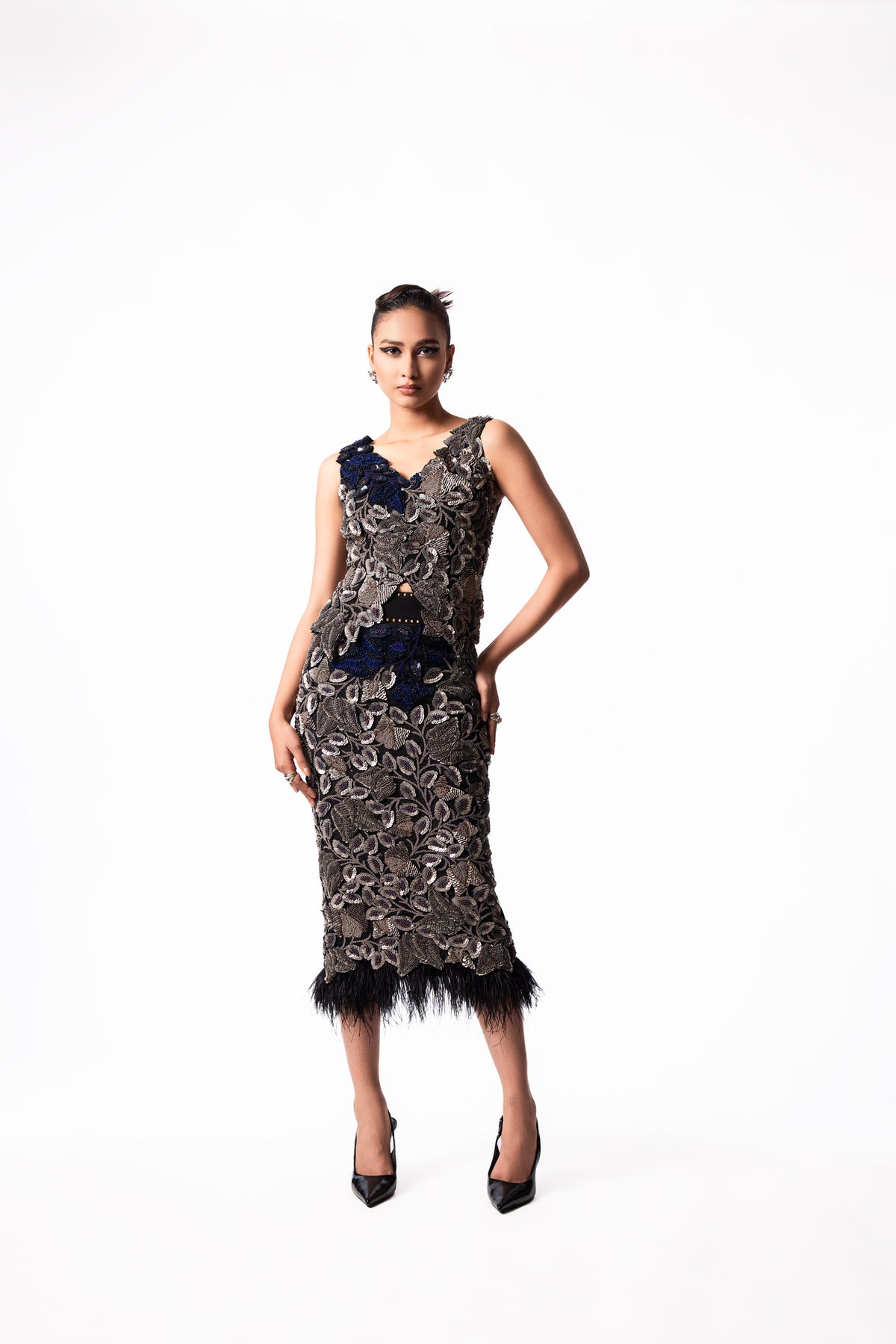 Silver Navy Sequin Bougain Top Feather Skirt Set