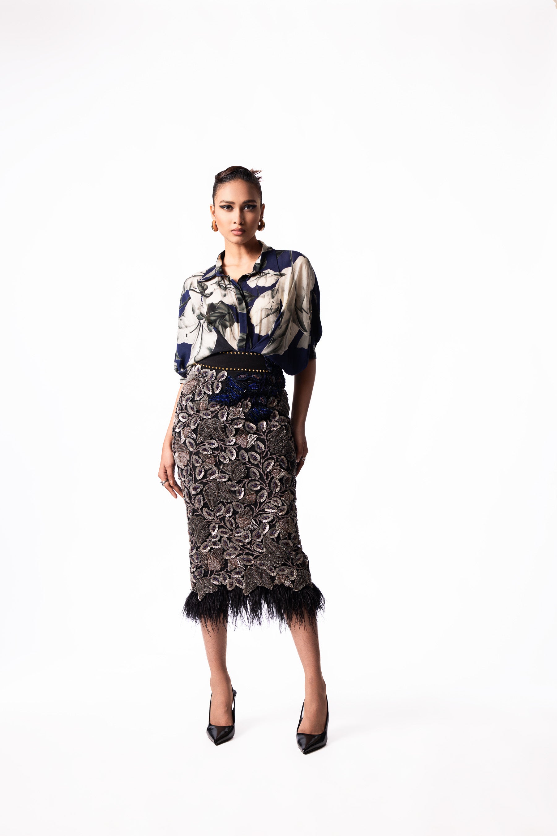 Navy Studded Drawstring Shirt Feather Skirt Set