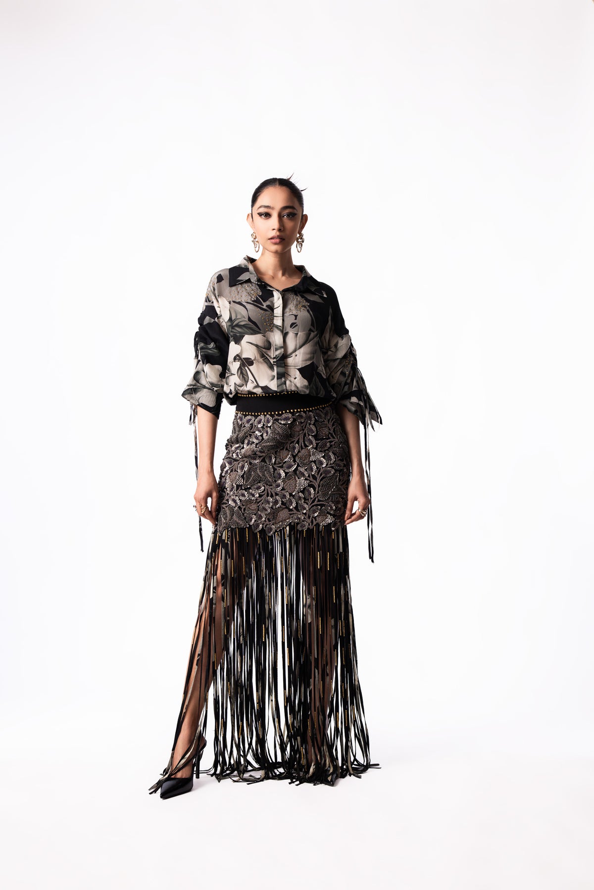 Black Printed Drawstring Shirt Sequin Mini Skirt Set