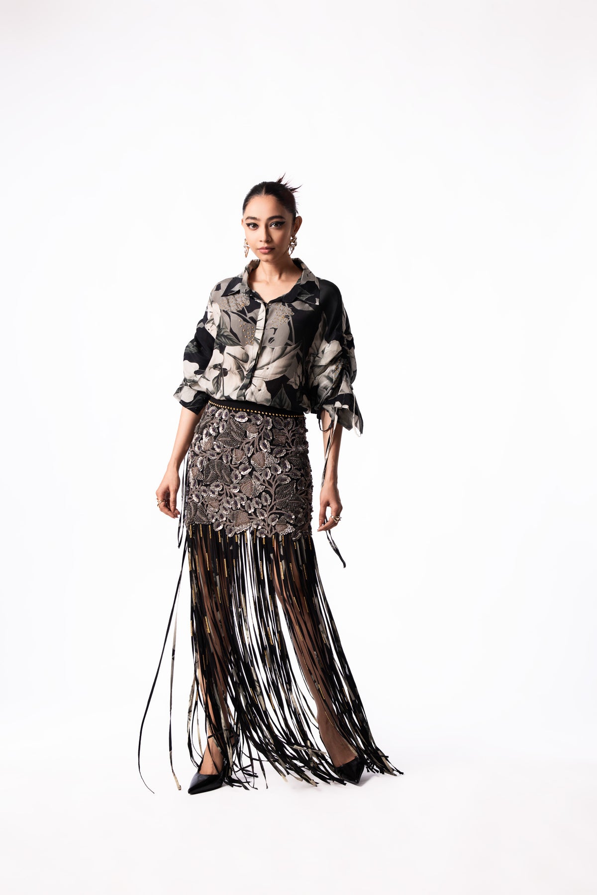 Black Printed Drawstring Shirt Sequin Mini Skirt Set