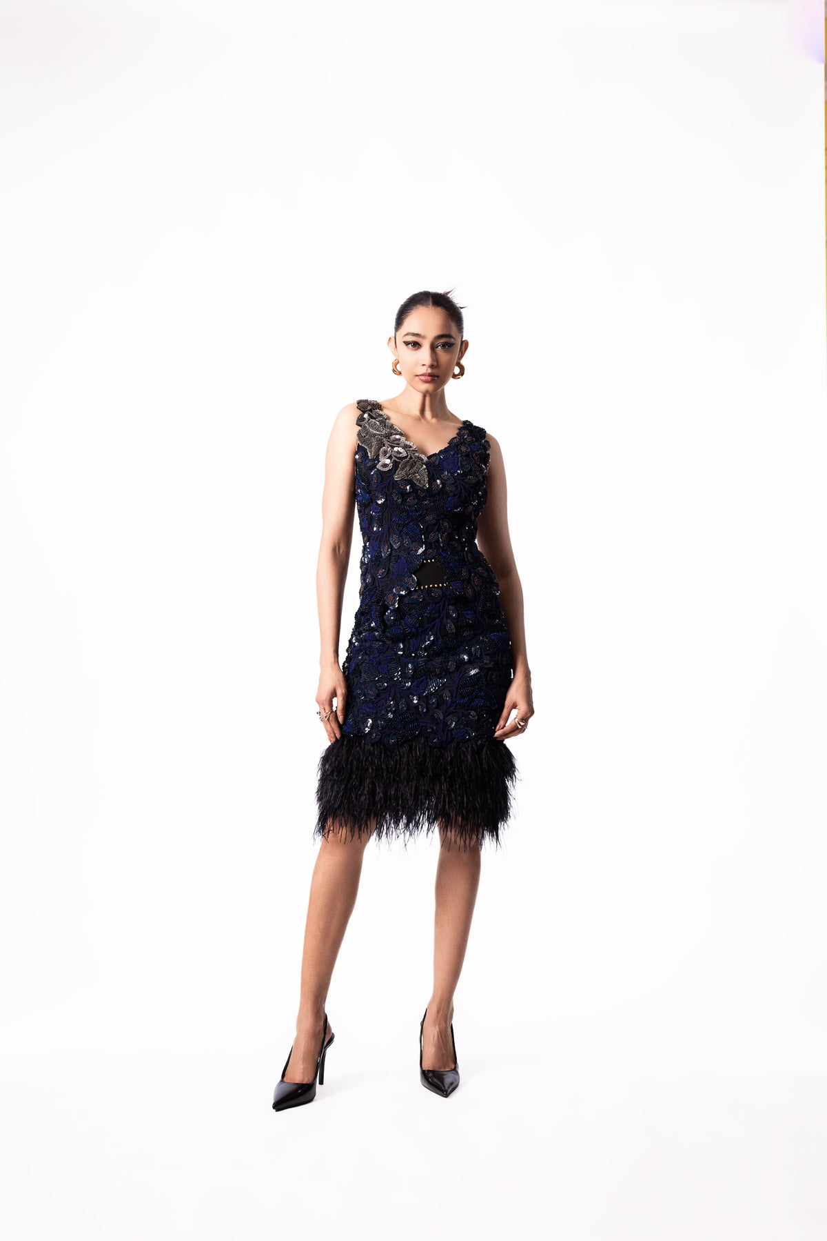 Navy Sequin Bougain Top Feather Skirt Set