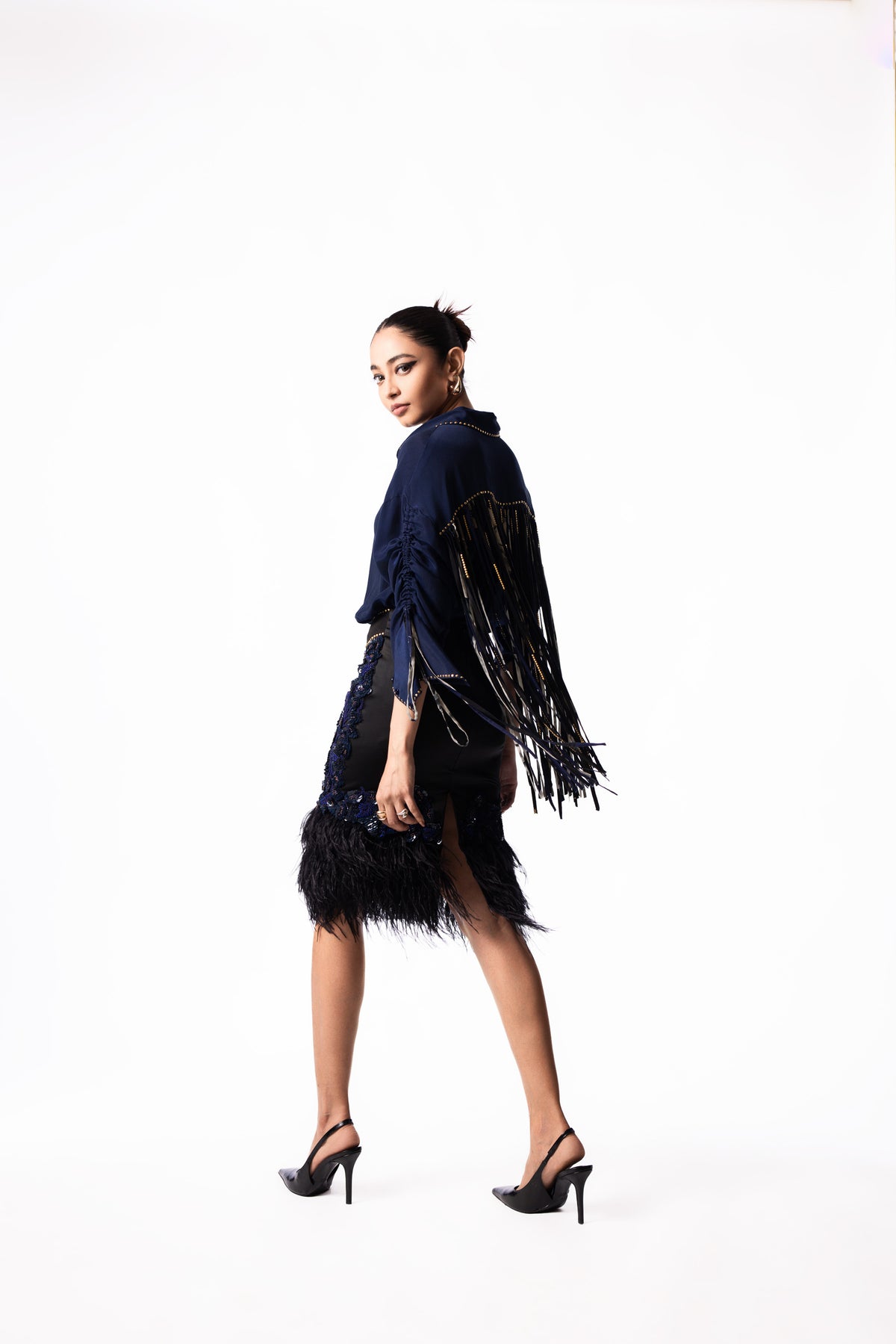 Navy Studded Drawstring Shirt Feather Skirt Set