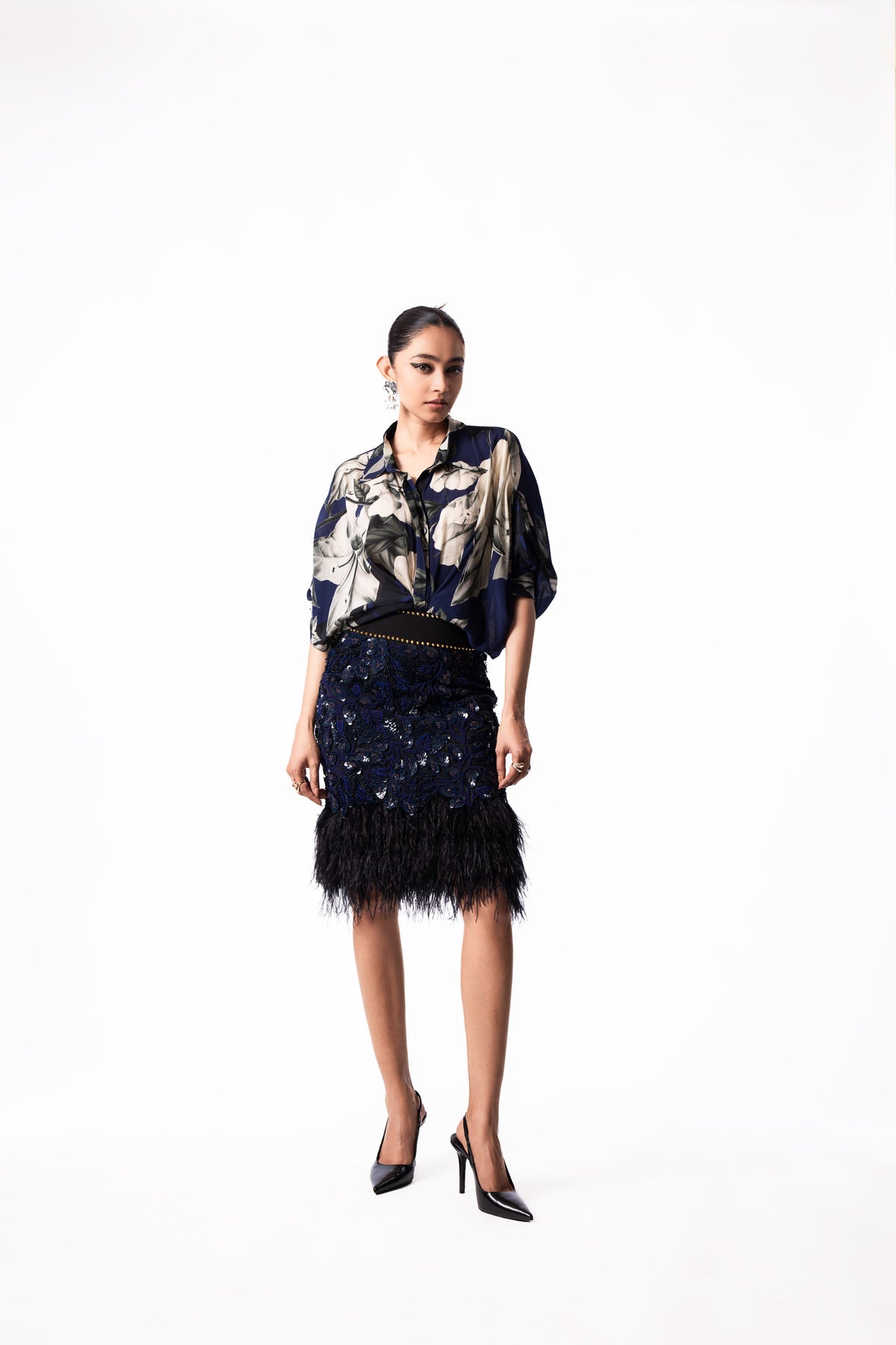 Navy Printed Peplum Shirt Feather Skirt Set