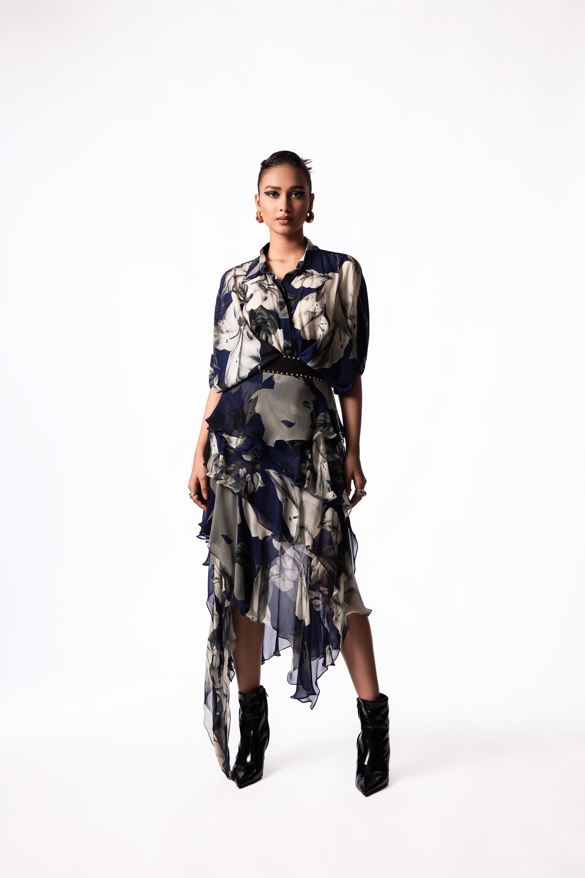 Navy Printed Peplum Shirt Chiffon Ruffle Skirt Set