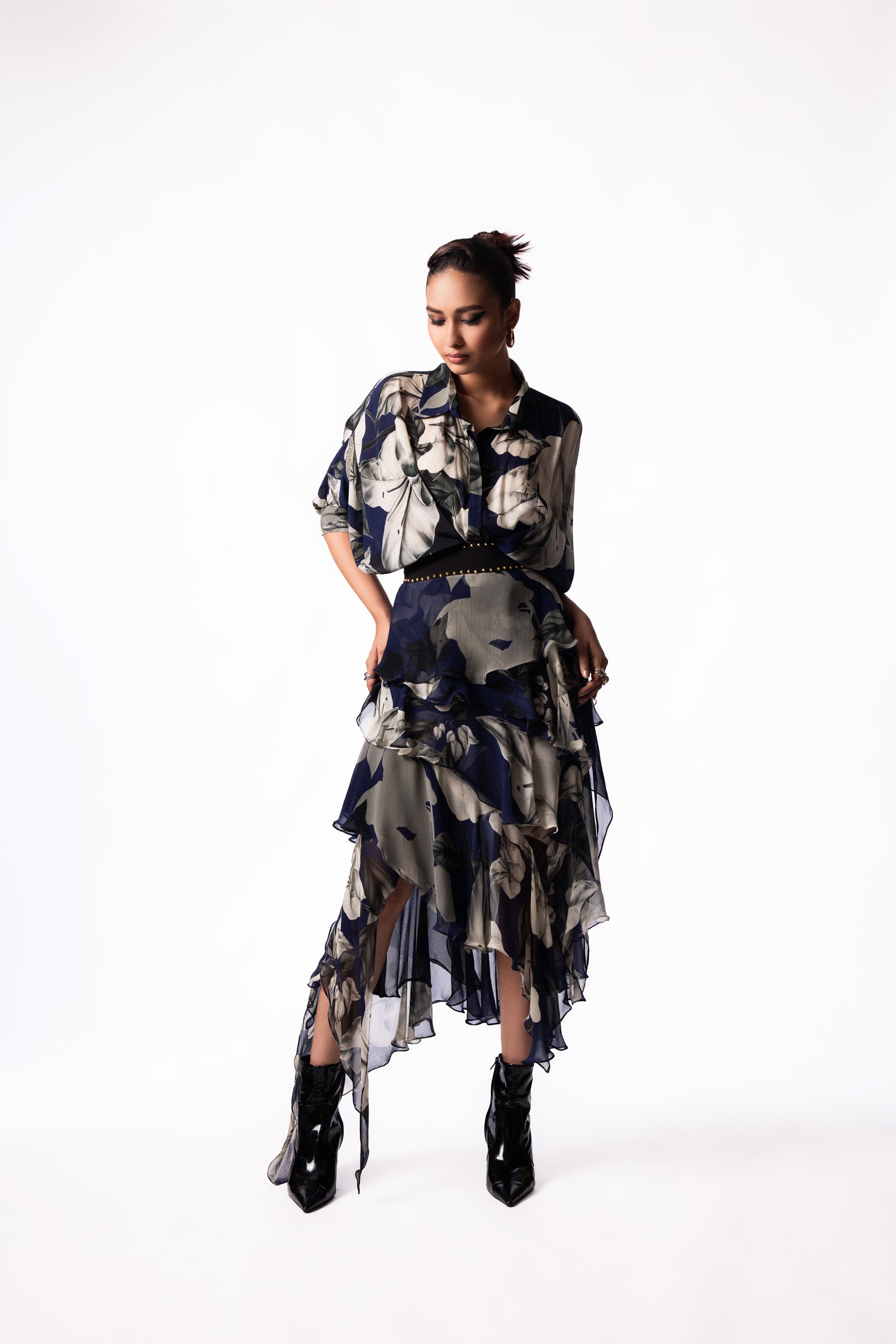 Navy Printed Peplum Shirt Chiffon Ruffle Skirt Set