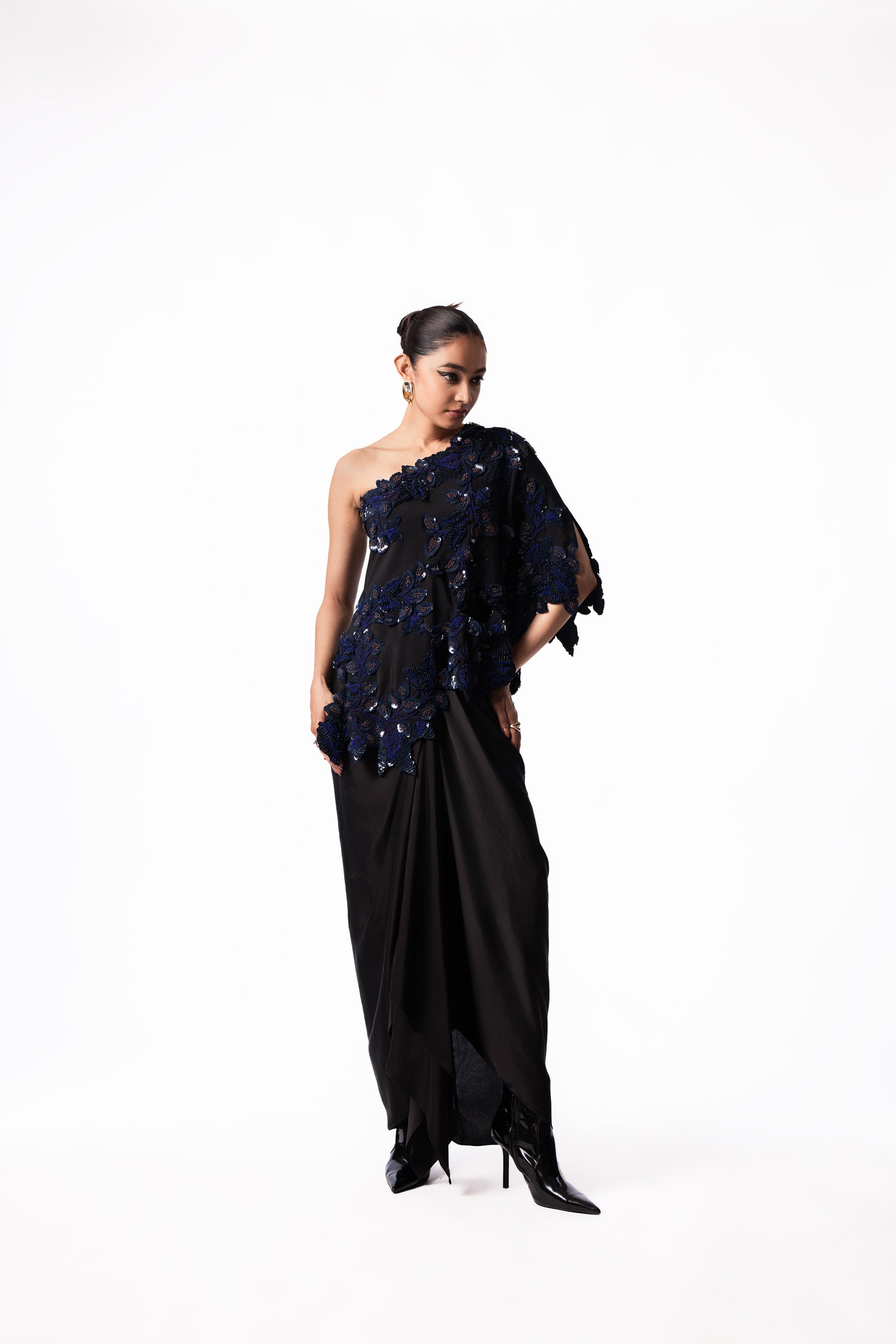 Navy Sequin One Shoulder Cape Knot Skirt Set