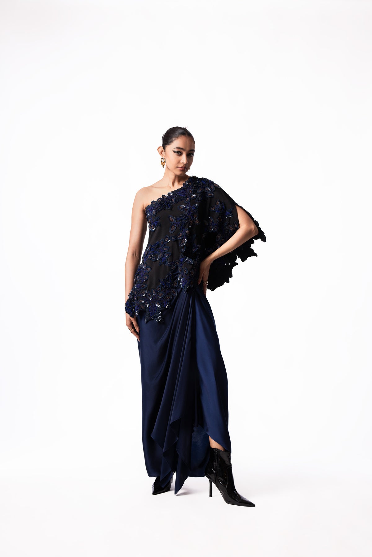 Navy Sequin One Shoulder Cape Side Knot Skirt Set