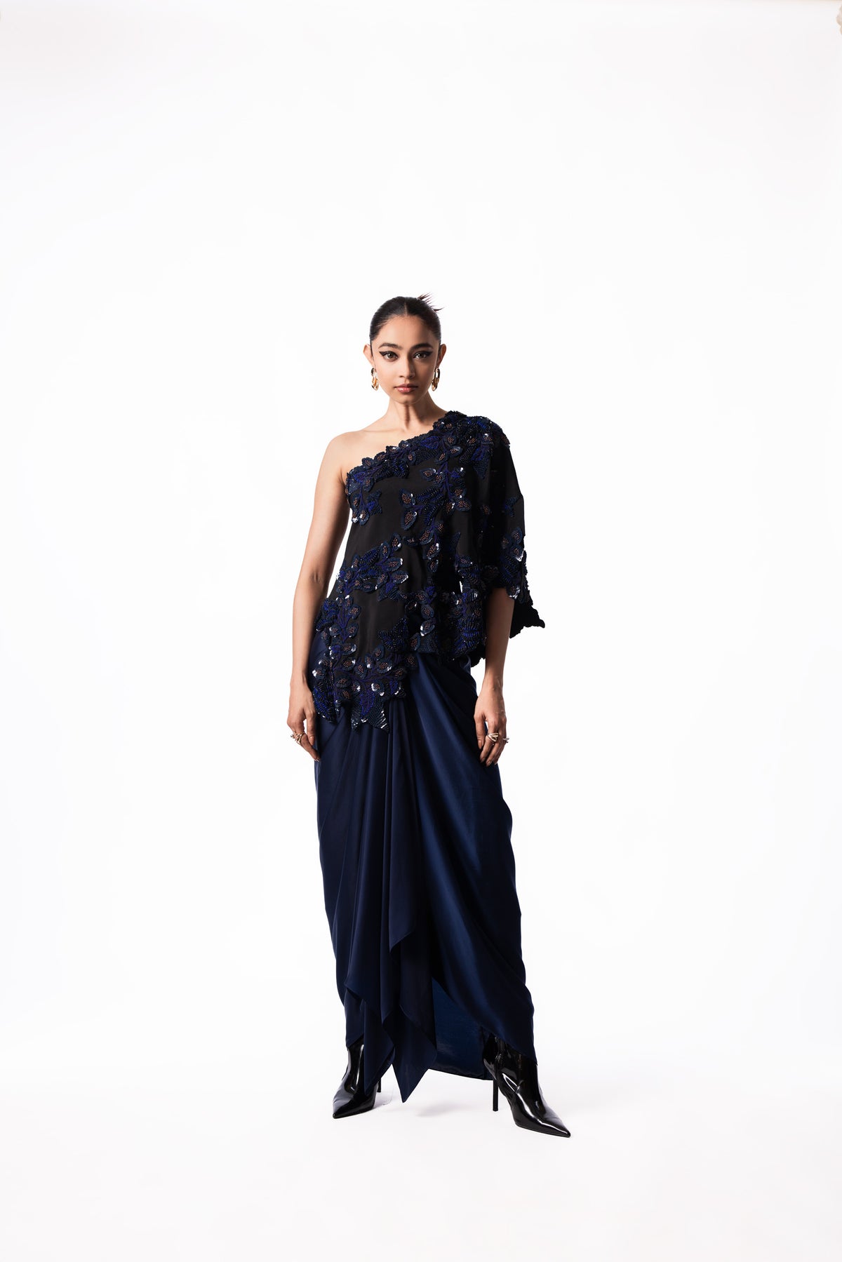 Navy Sequin One Shoulder Cape Side Knot Skirt Set
