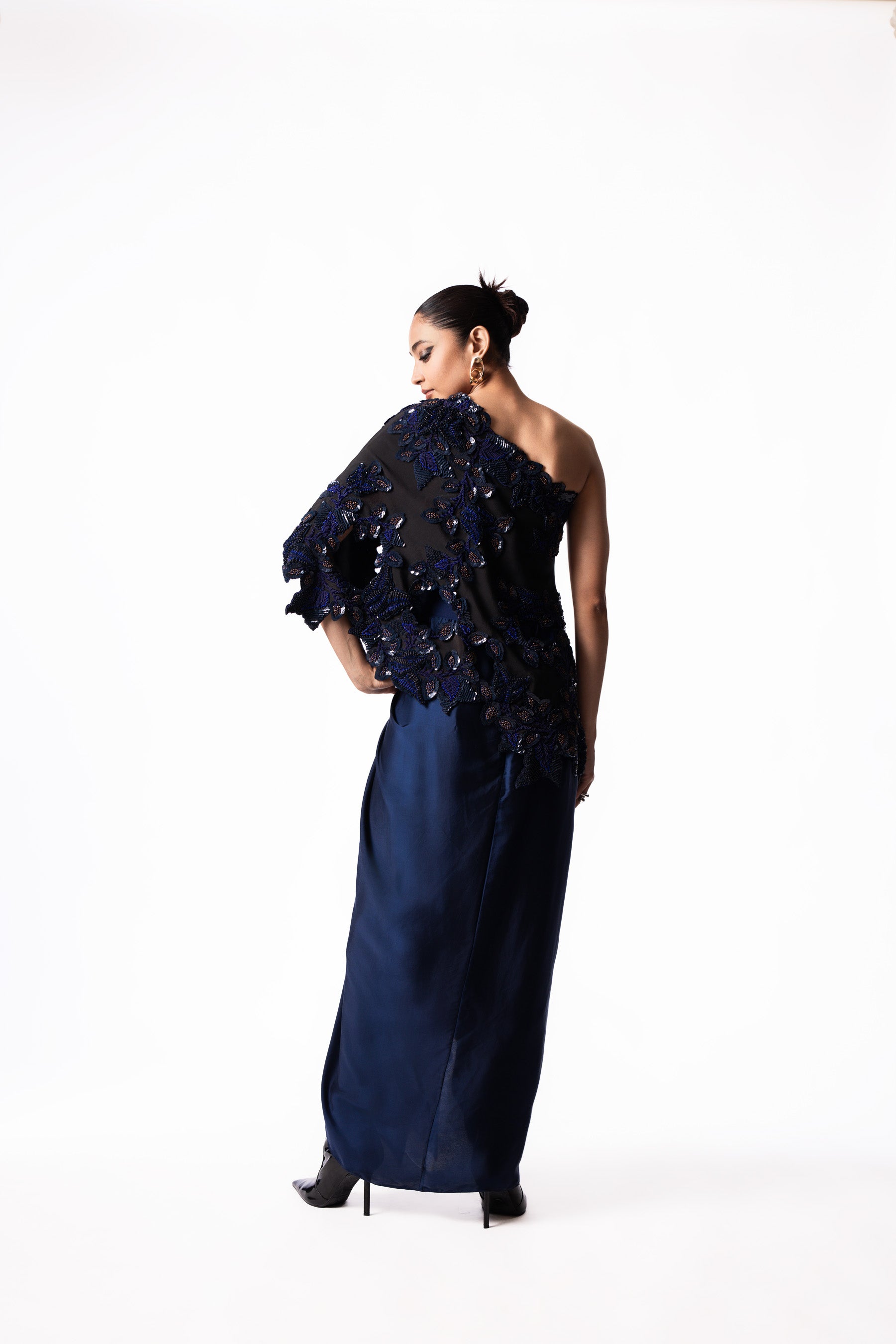 Navy Sequin One Shoulder Cape Side Knot Skirt Set