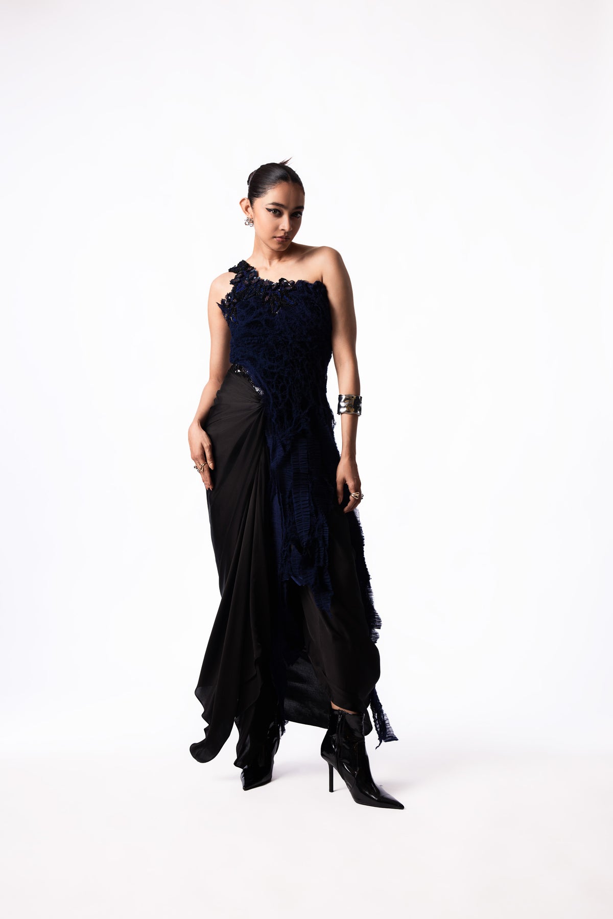 Navy Chiffon Sequin Fur Top Satin Knot Skirt Set