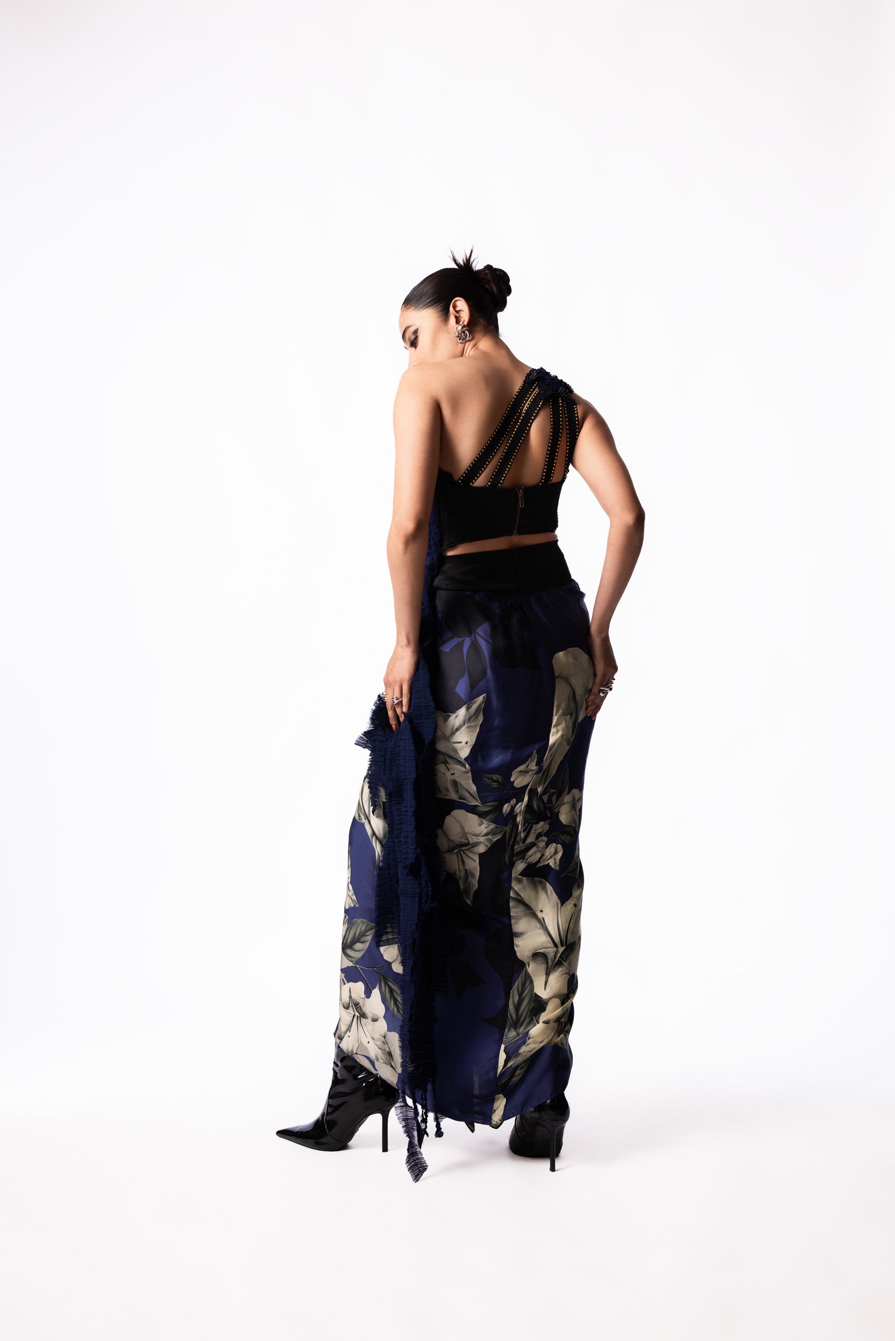 Navy Chiffon Sequin Fur Top Printed Knot Skirt Set