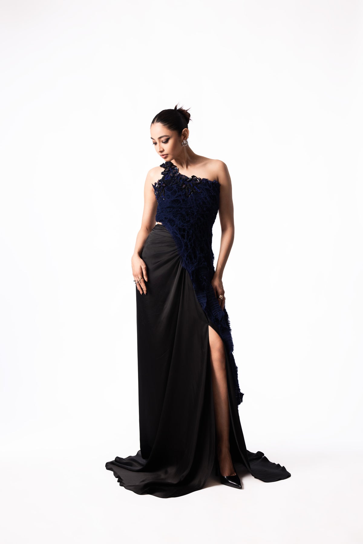 Navy Chiffon Sequin Fur Top Satin Trail Skirt Set