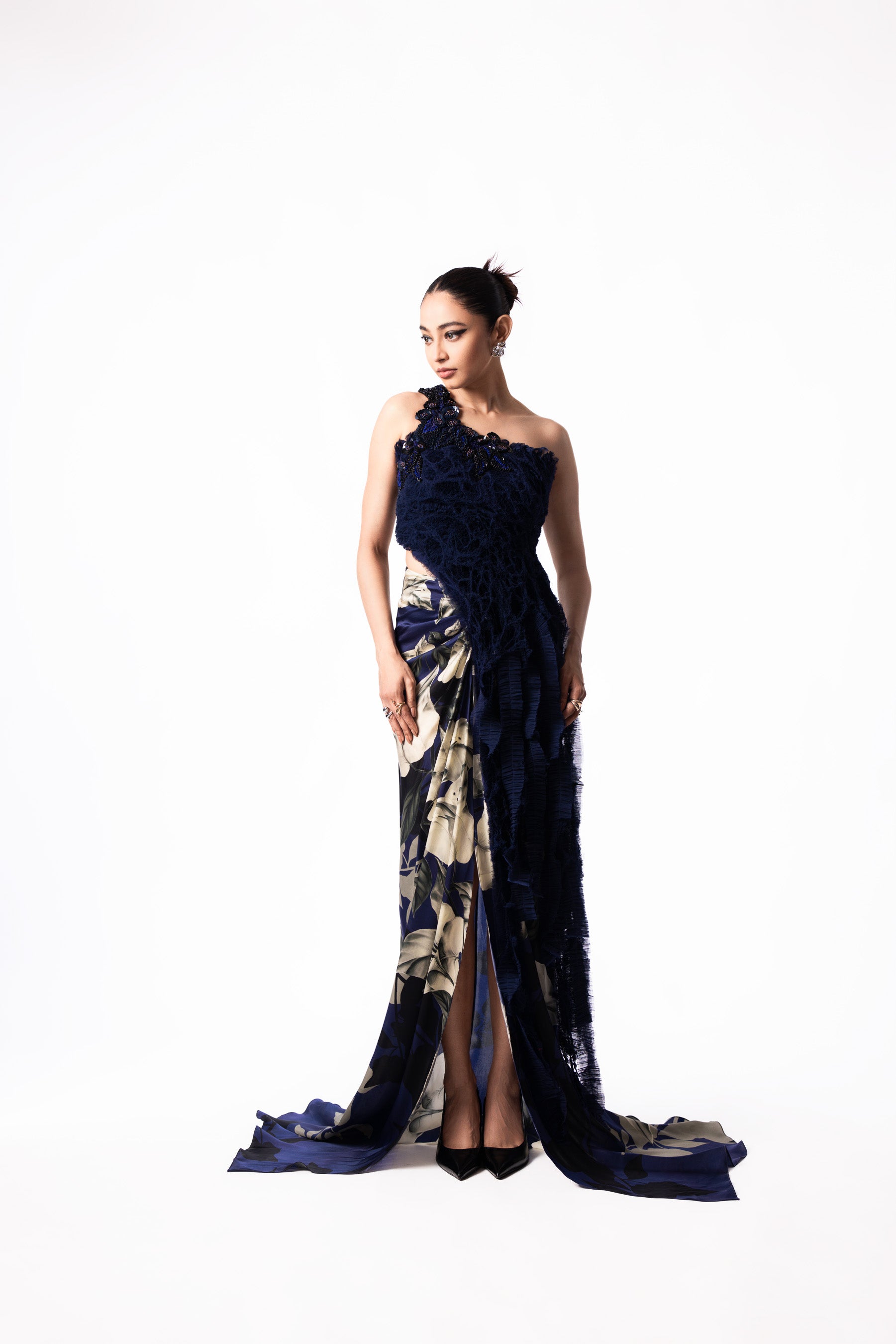 Navy Chiffon Sequin Fur Top Printed Trail Skirt Set