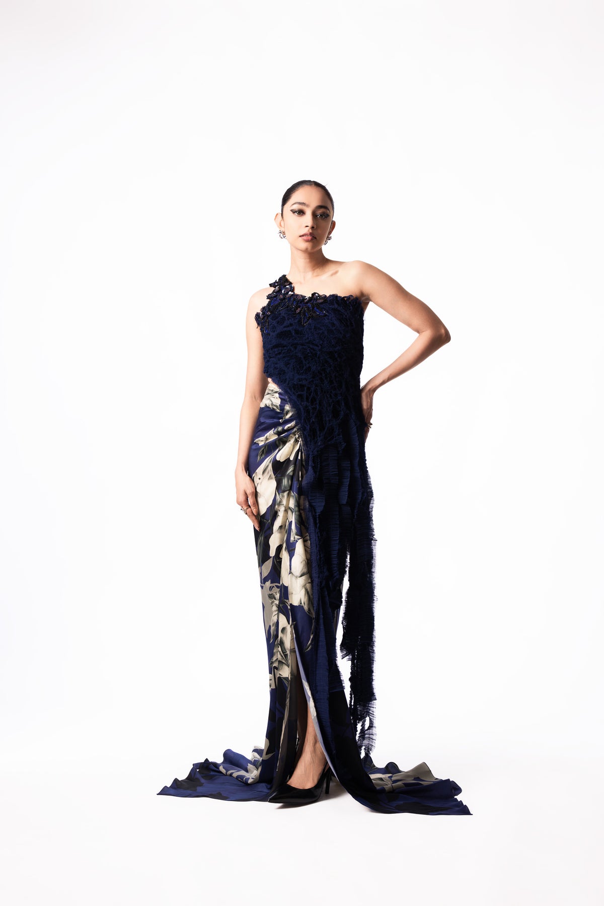 Navy Chiffon Sequin Fur Top Printed Trail Skirt Set