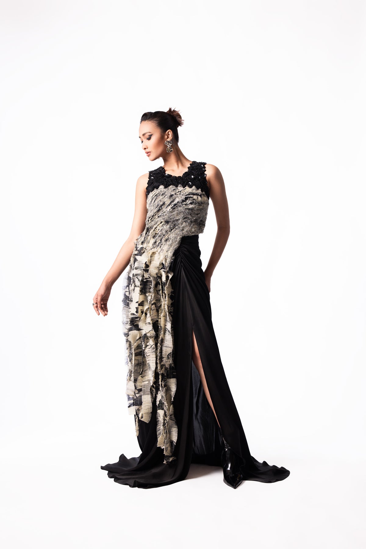 Off White Printed Chiffon Fur Top Trail Skirt Set