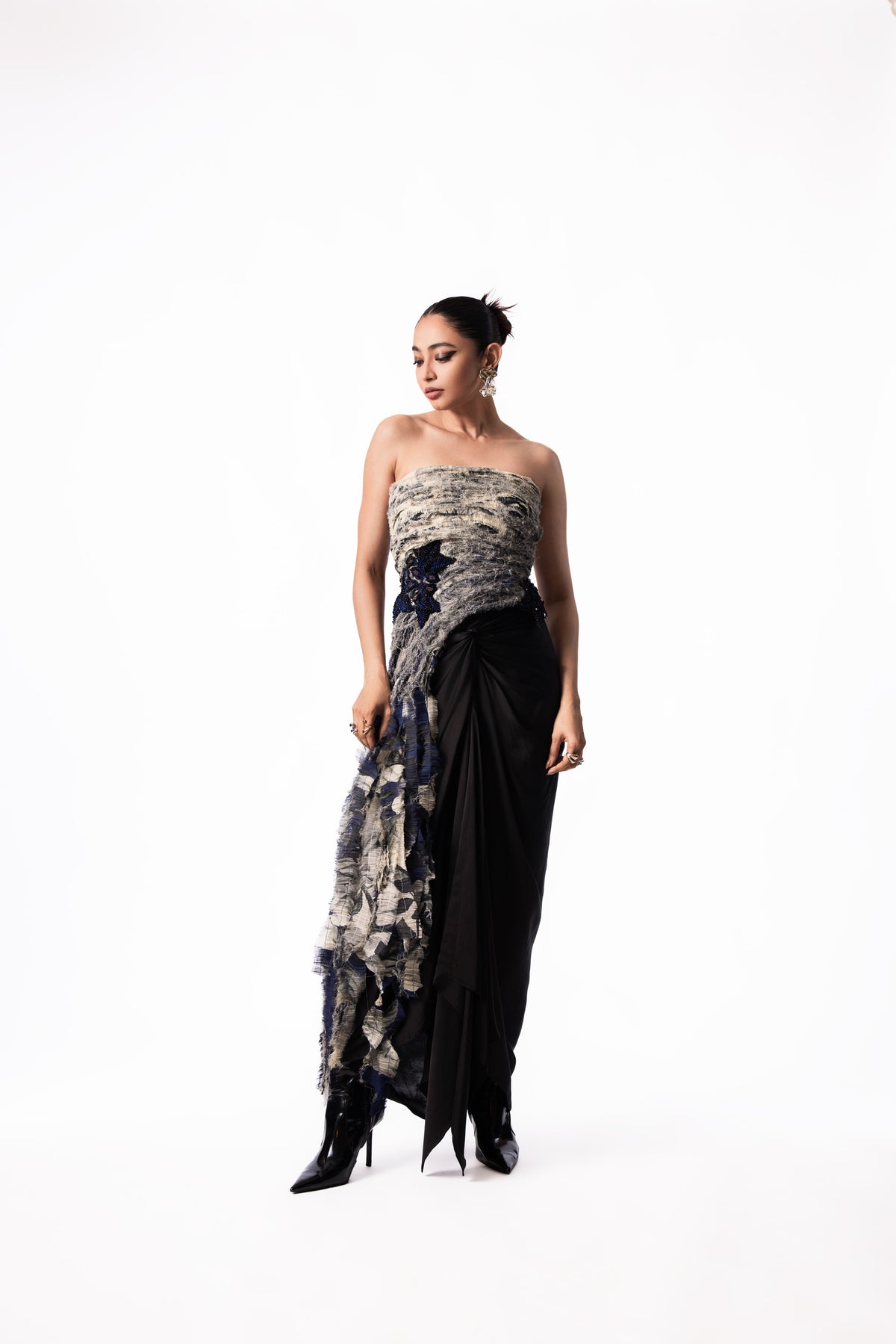 Off White Navy Printed Tube Fur Top Satin Knot Skirt Set