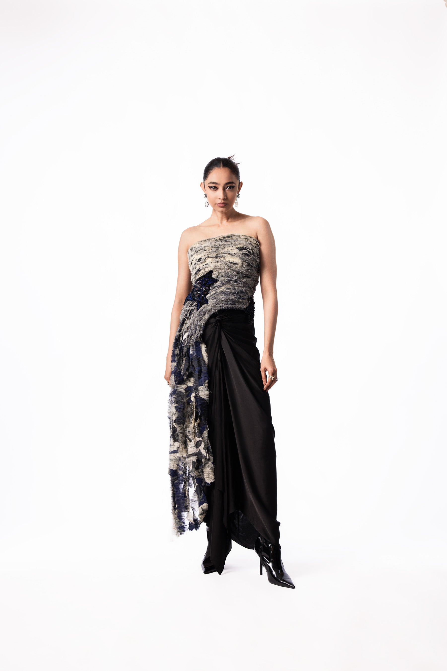 Off White Navy Printed Tube Fur Top Satin Knot Skirt Set