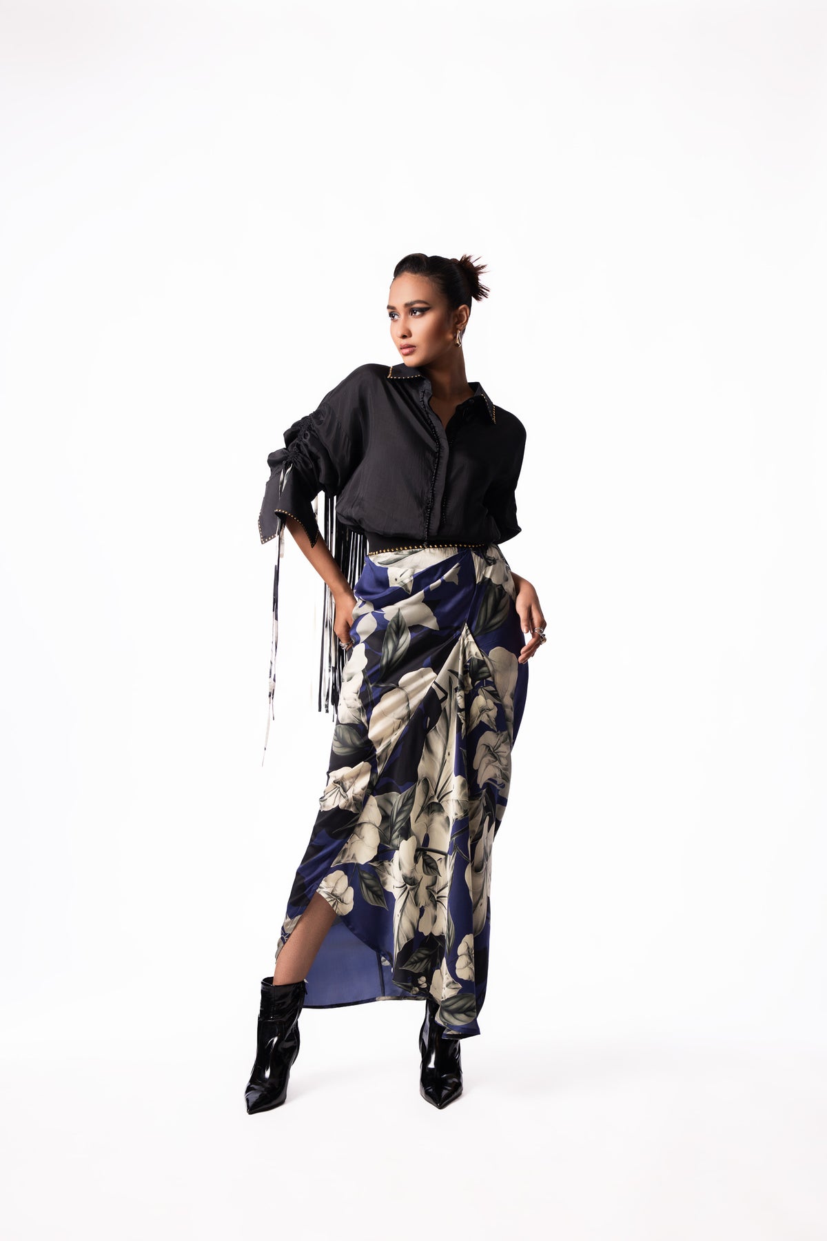 Black Studded Drawstring Shirt Fish Pick Up Skirt Set