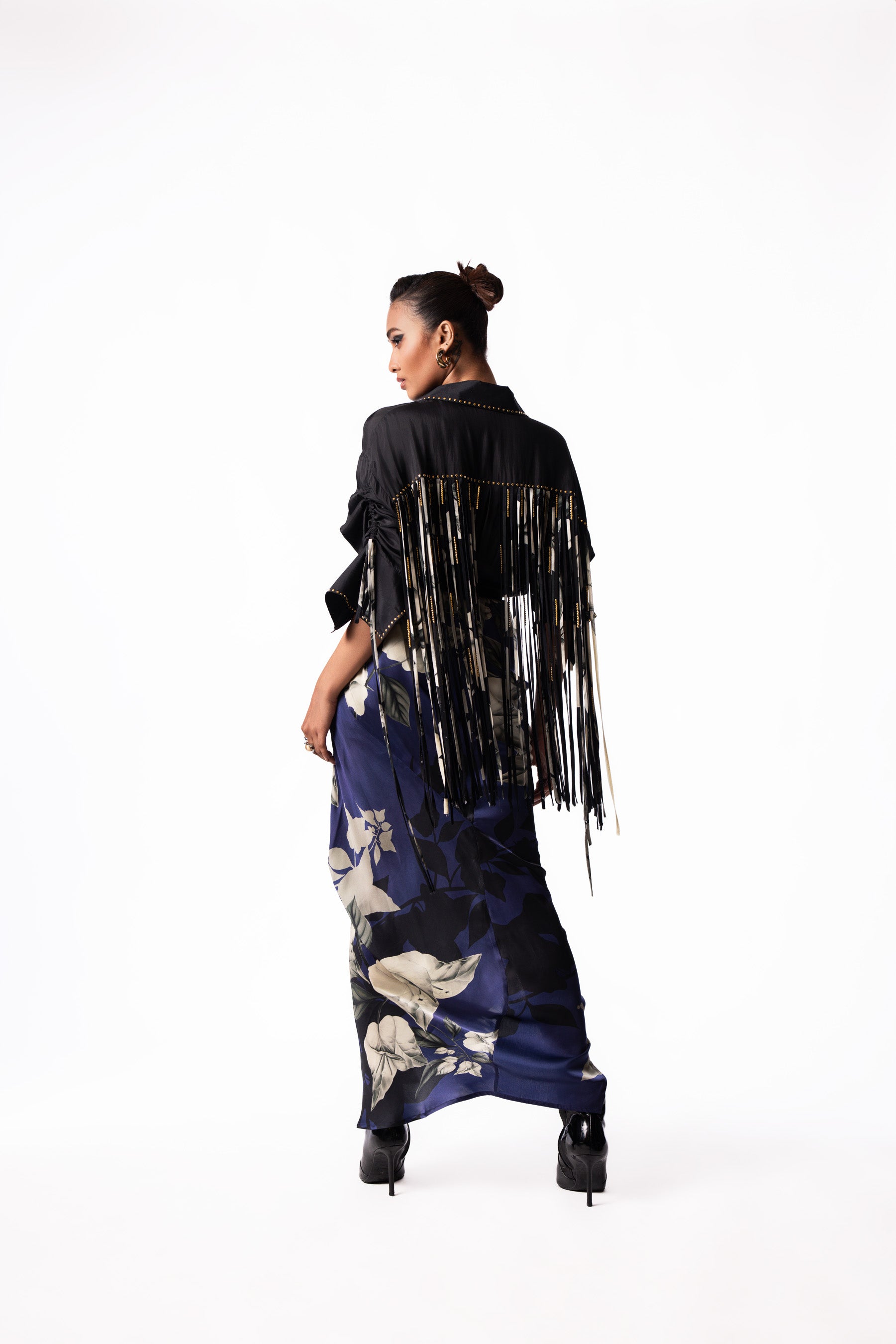 Black Studded Drawstring Shirt Fish Pick Up Skirt Set