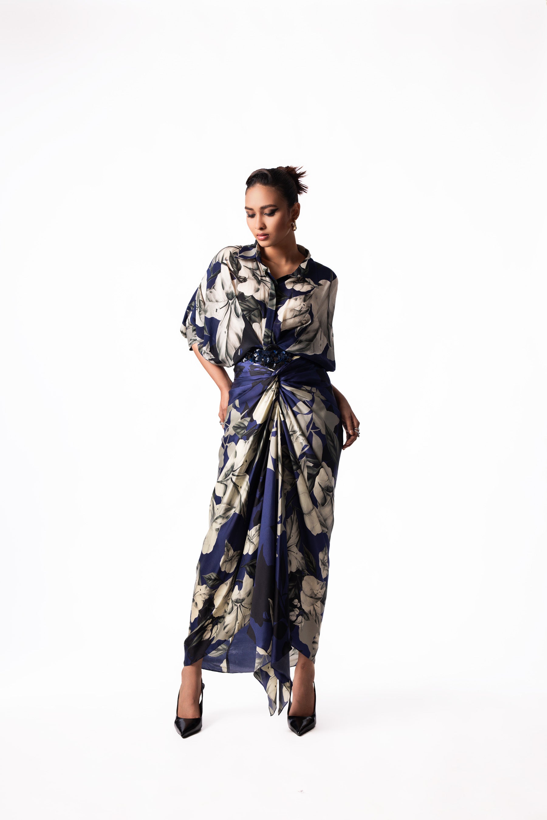 Navy Printed Peplum Shirt Fish Pick Up Skirt Set