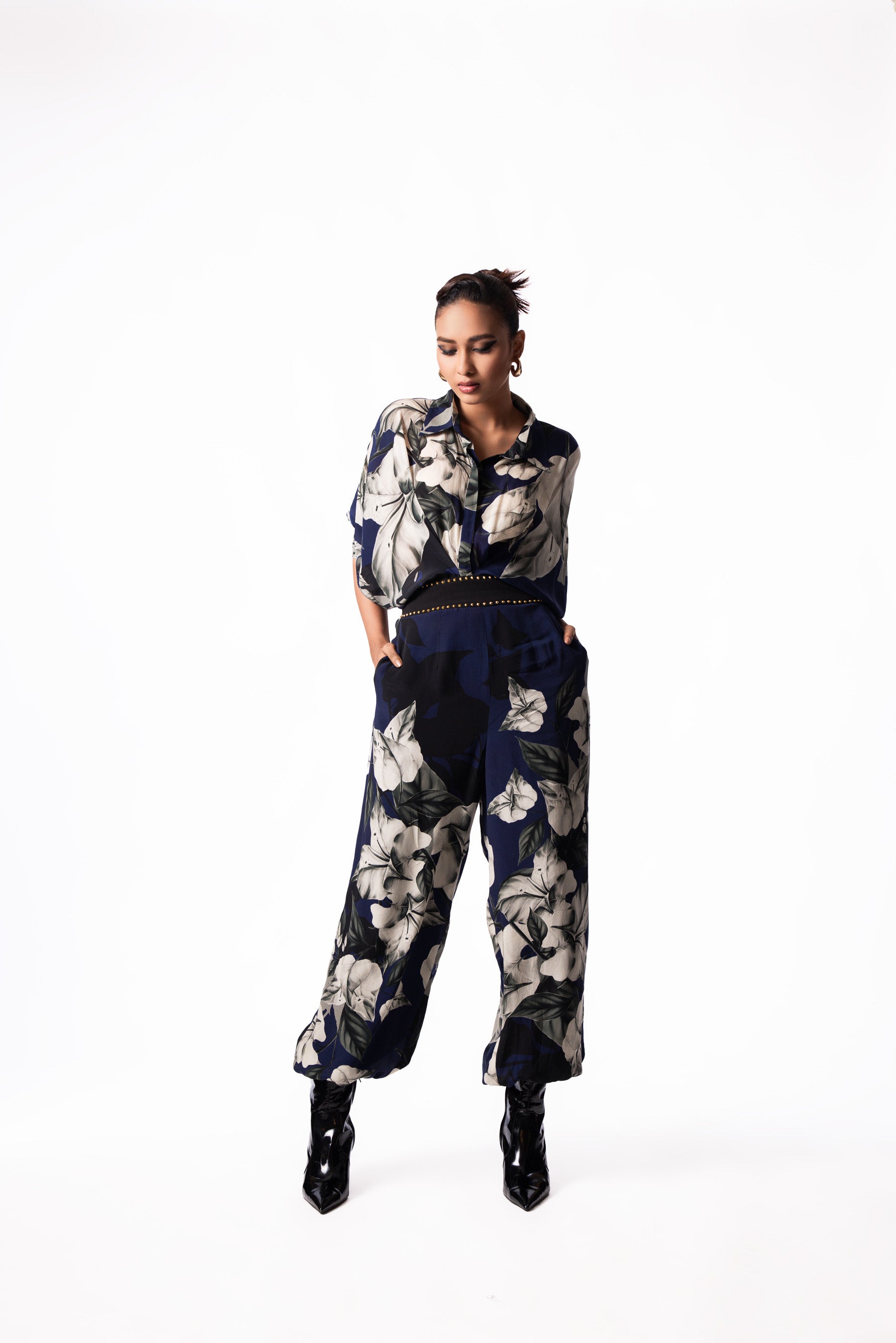 Navy Printed Peplum Shirt Balloon Pant Set
