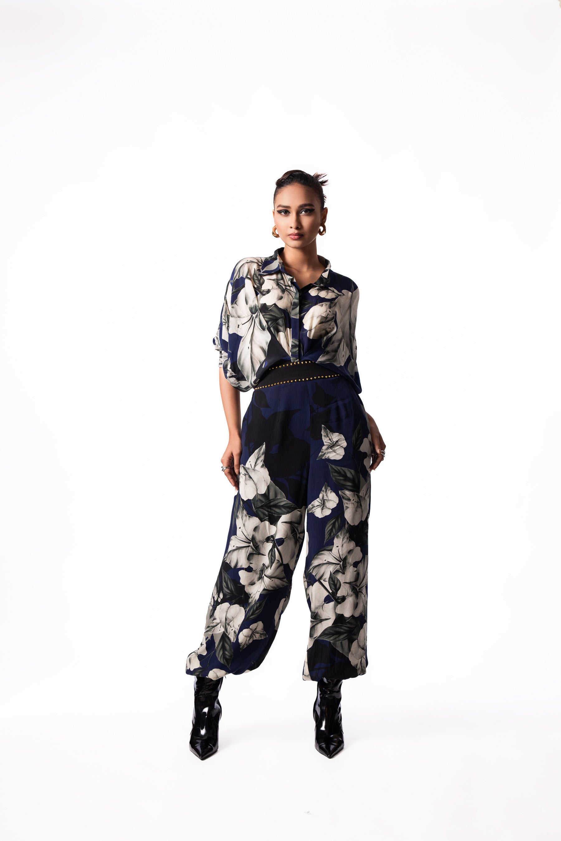 Navy Printed Peplum Shirt Balloon Pant Set