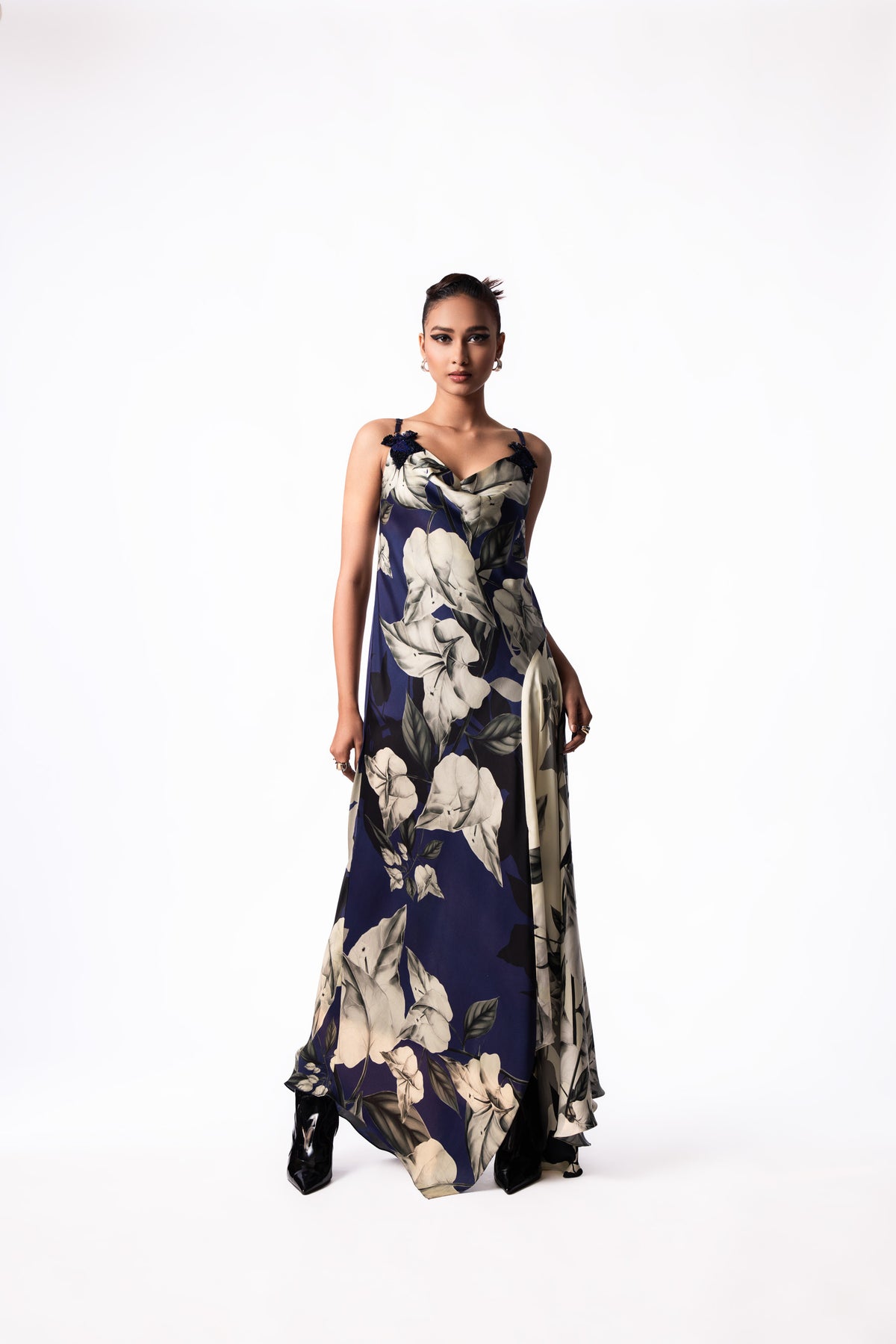 Navy Printed Satin Cowl Dress
