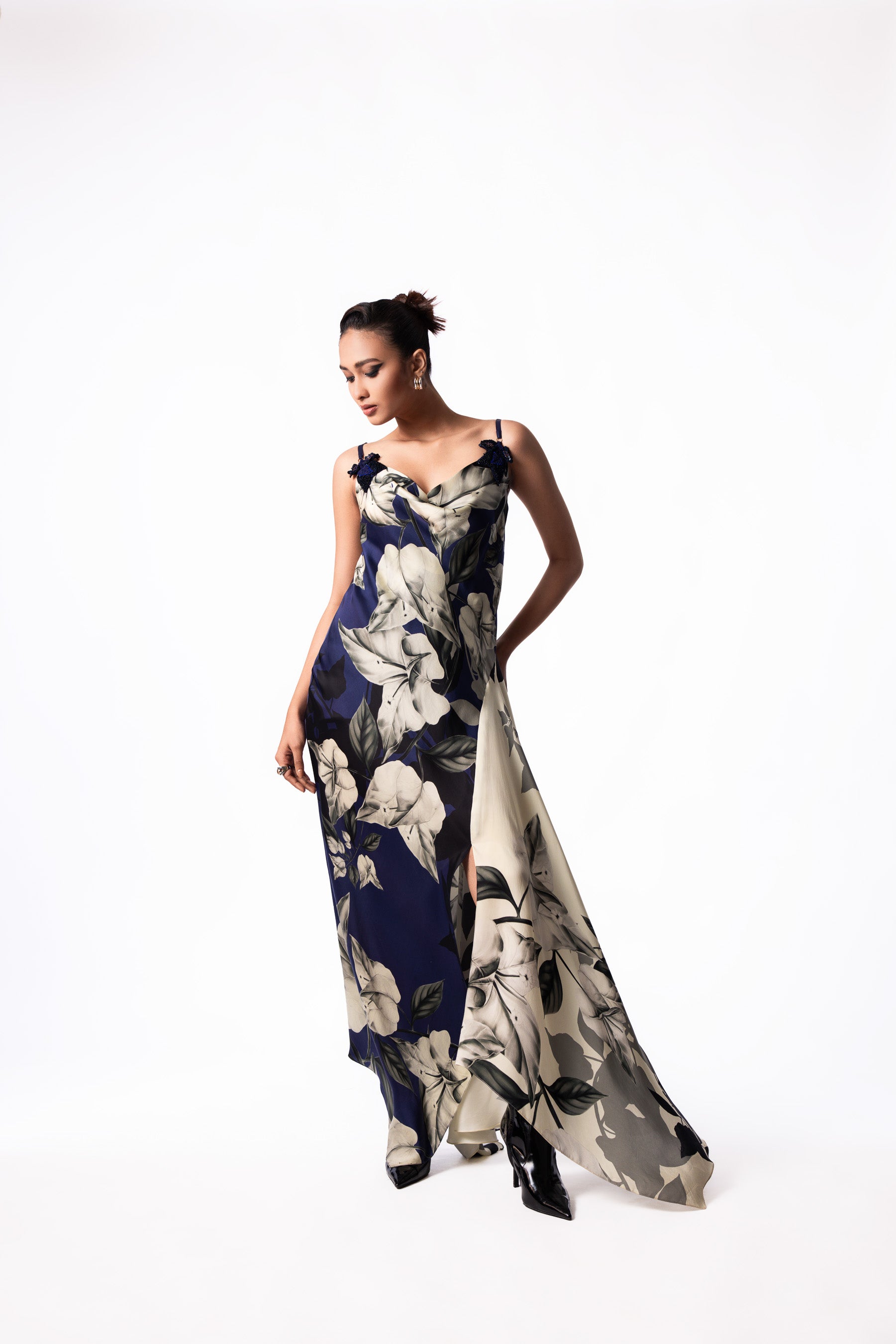 Navy Printed Satin Cowl Dress