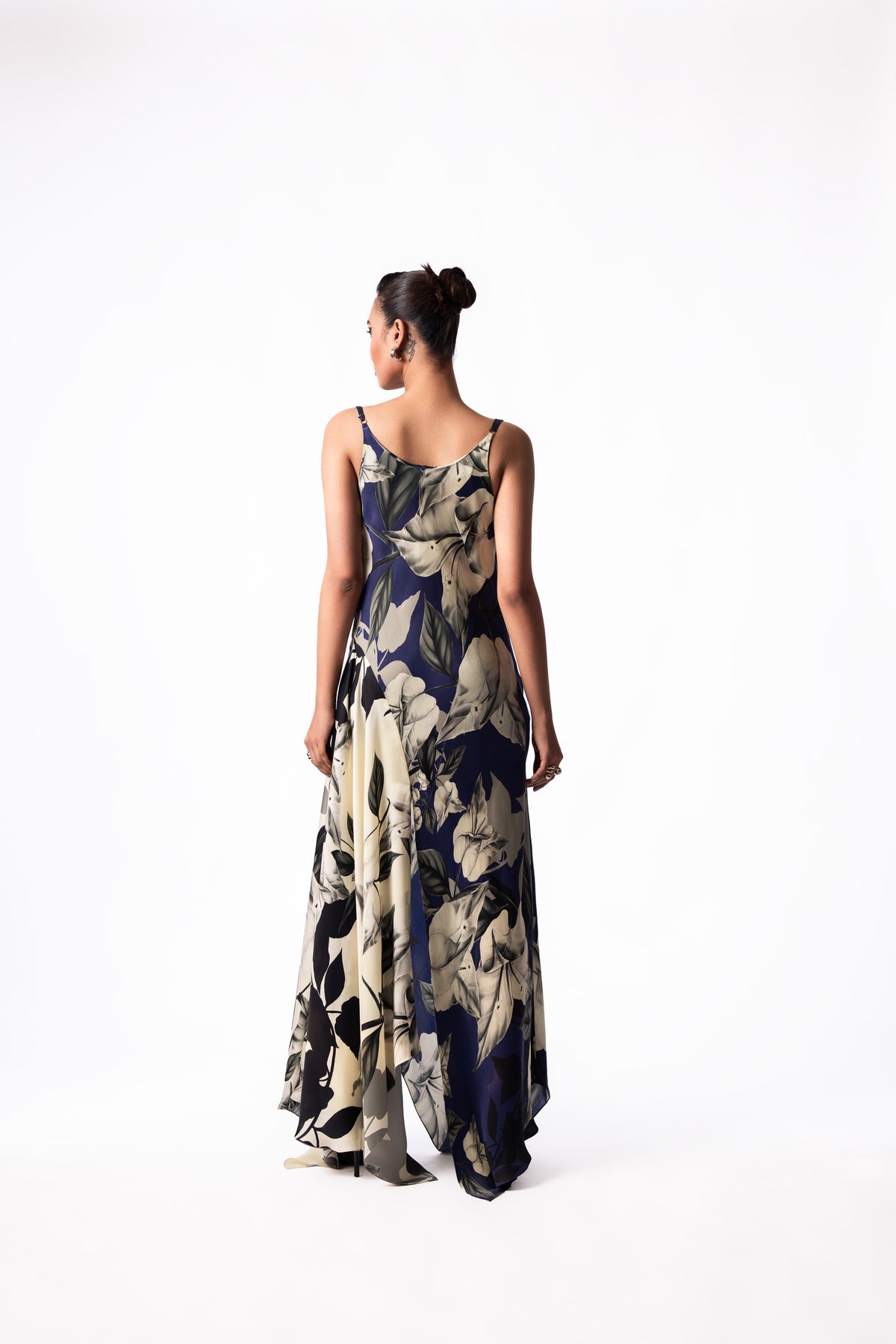 Navy Printed Satin Cowl Dress