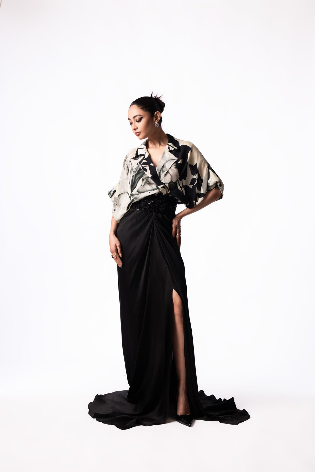 Off White Top Black Satin Draped Trail Dress