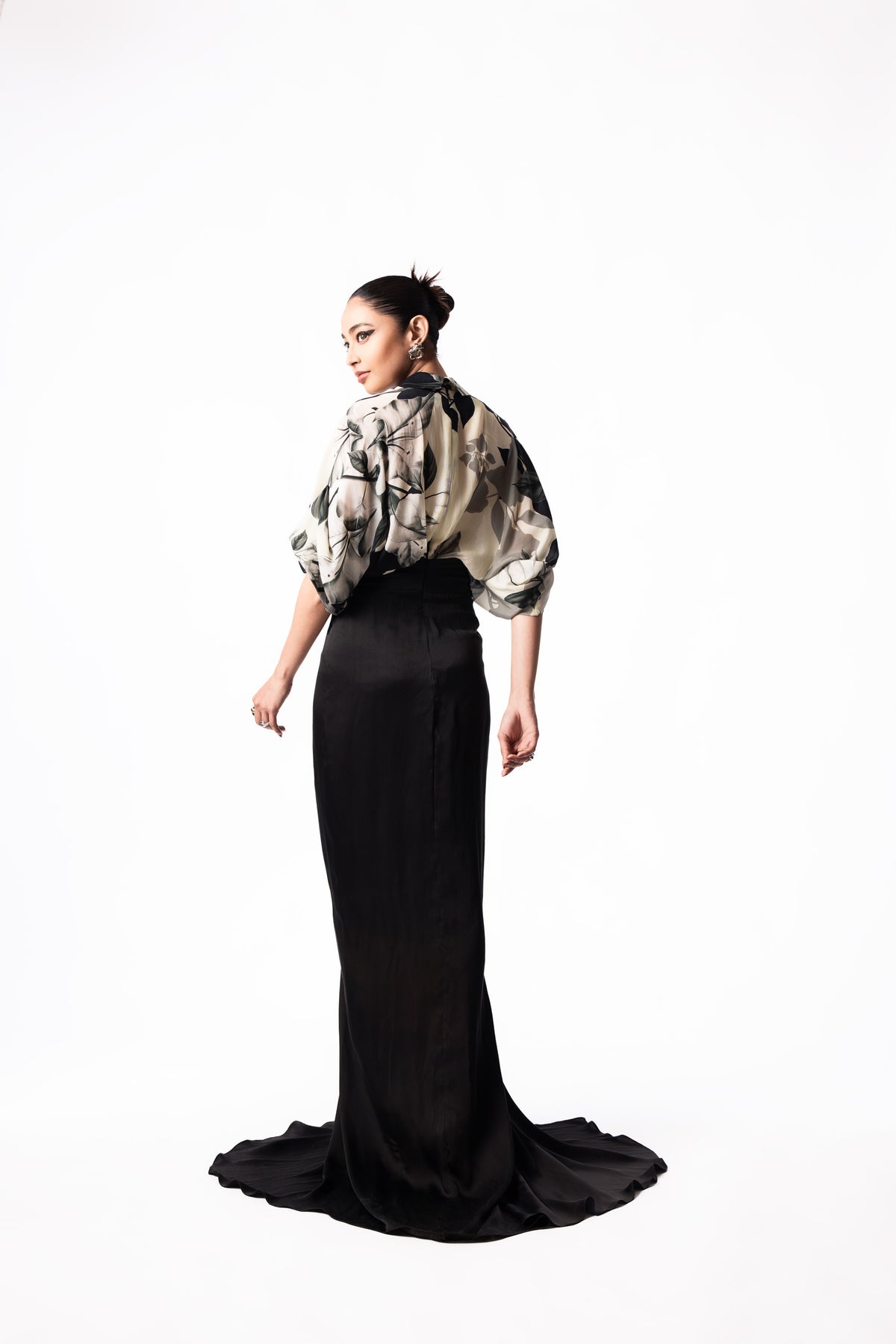 Off White Top Black Satin Draped Trail Dress