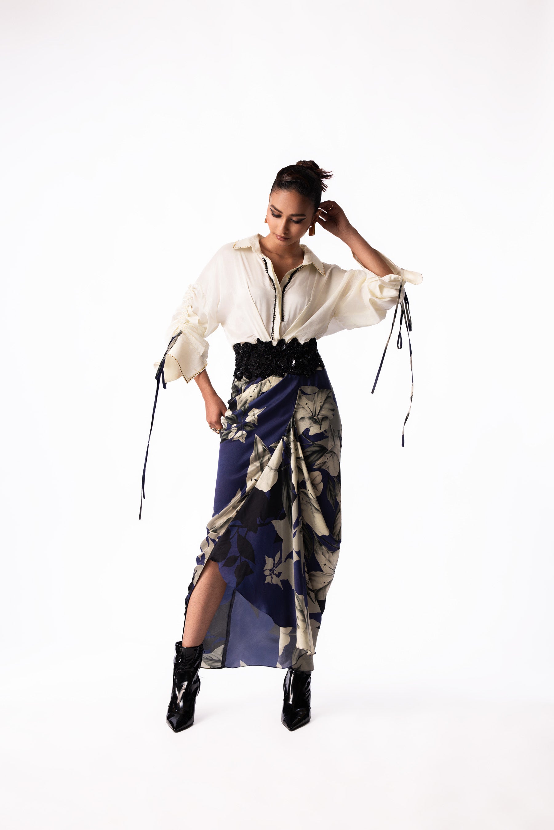 Off White Top Navy Printed Satin Pick Up Dress