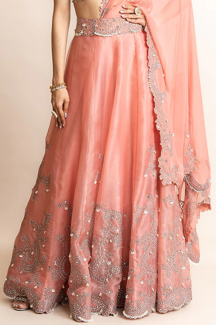 Old Rose Organza & Satin Hand Embroidered Lehenga Saree Set